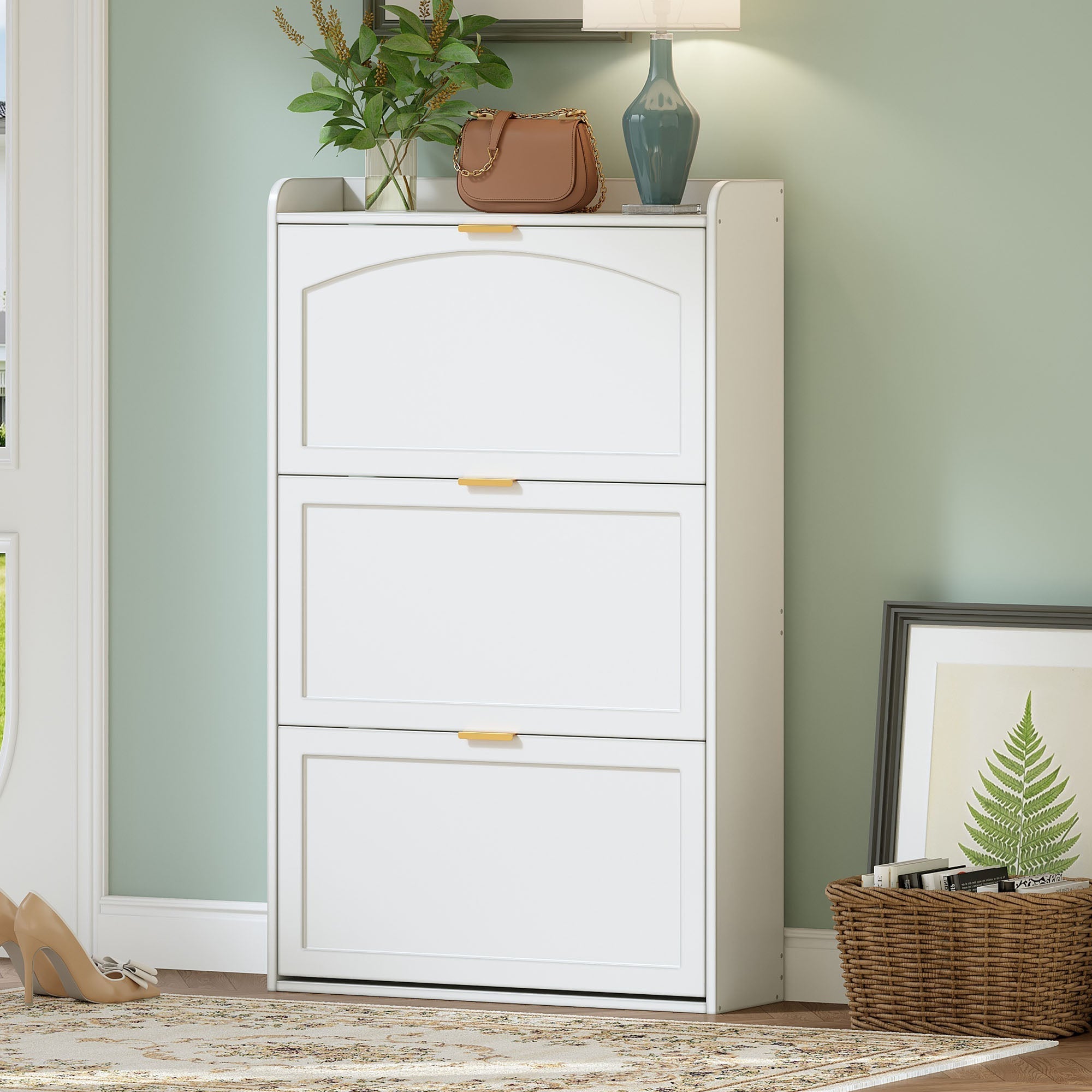Narrow Shoe Cabinet 3 Flaps 76x23x118cm - White