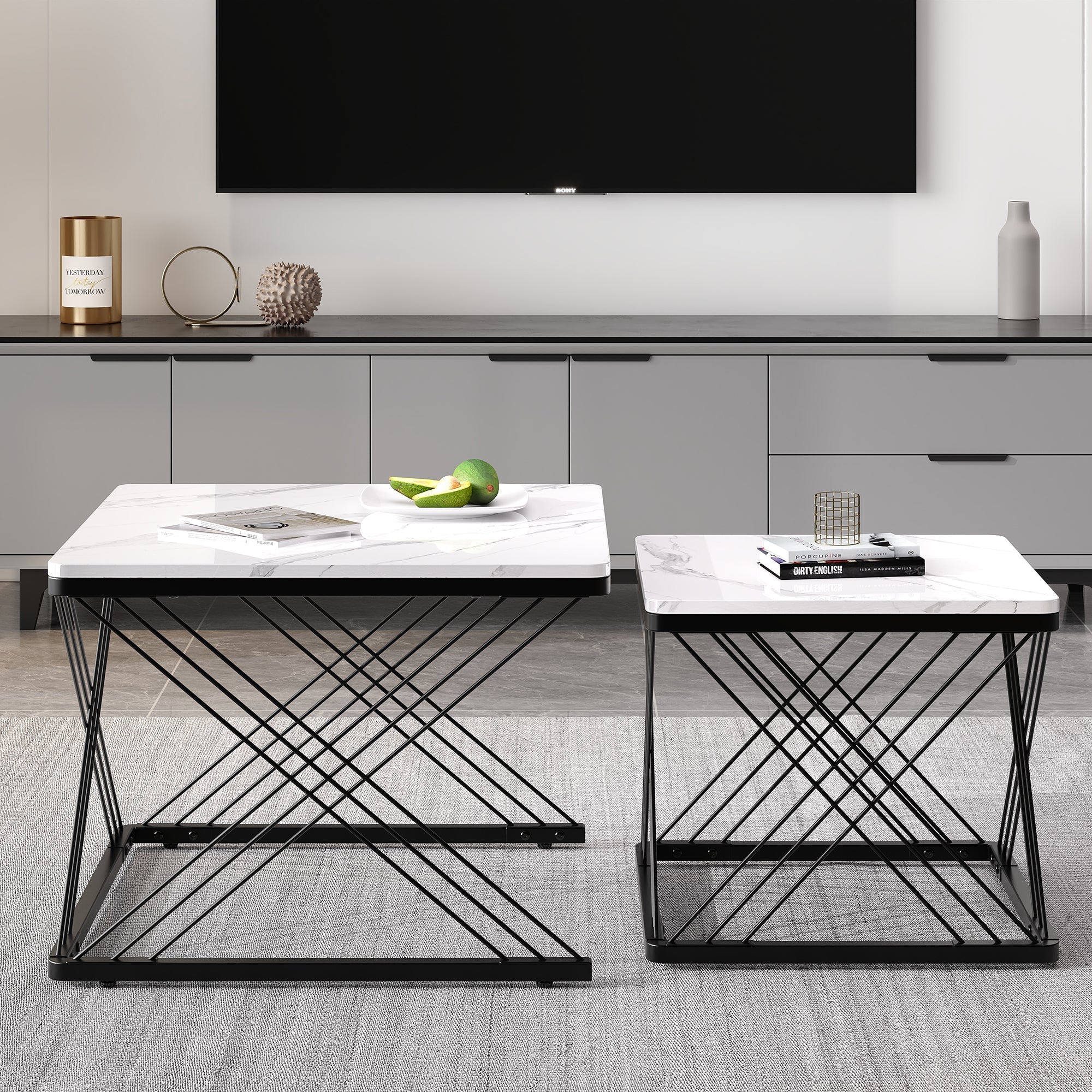 Coffee Table Set 2-Piece Square High-Gloss Marble Look