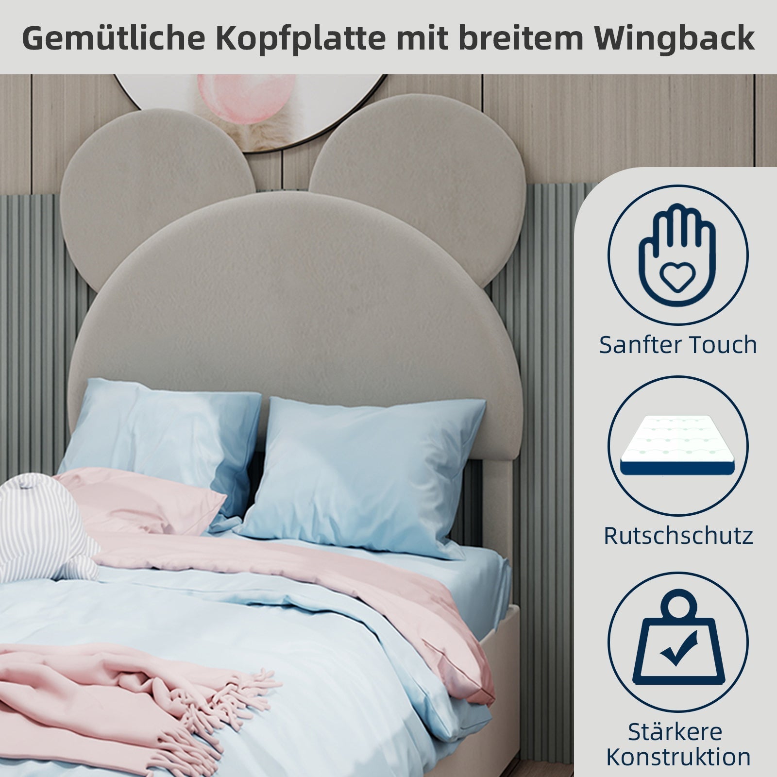 Upholstered Bed, Modern Minimalist Cartoon Headboard, 140x200 cm, Gas Lift Storage, Beige