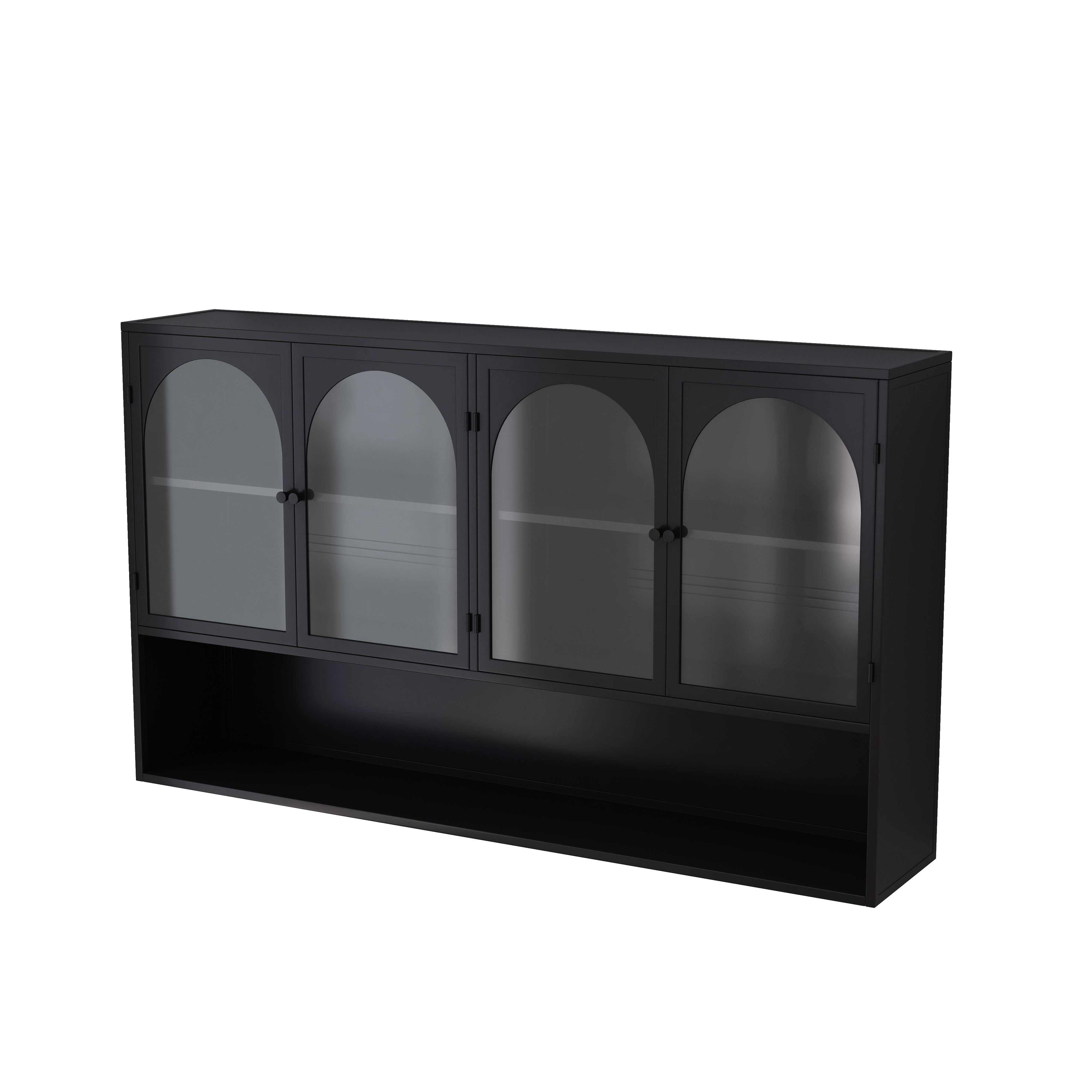 Four-door Glass Wall Cabinet, Wall-mounted 120CM, Black