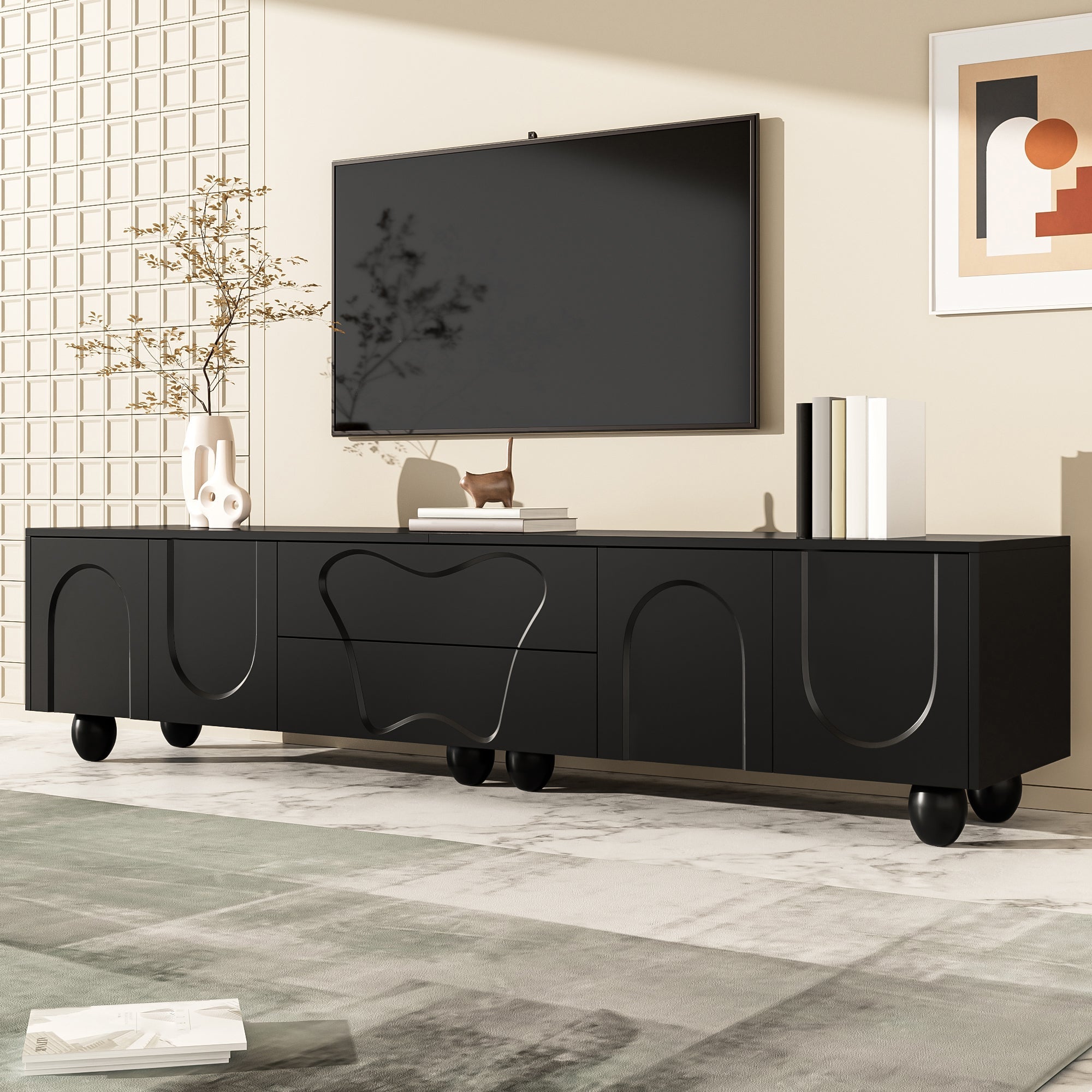 TV Cabinet, 180cm Minimalist Elegant Storage, Black Wooden