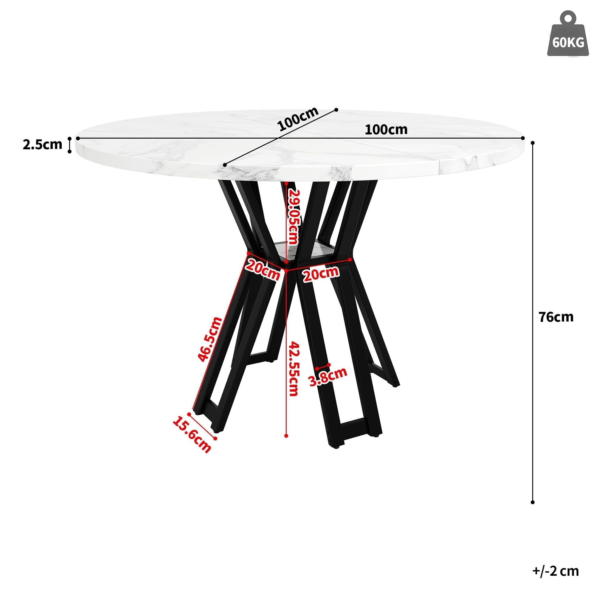 Round Dining Table 100cm 4-6 Seater - Black Legs Marbled MDF