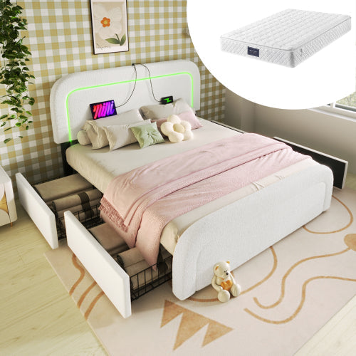 Upholstered Bed with USB Type C, LED Lighting and 4 Drawers, 160x200cm, Sherpa White with Mattress