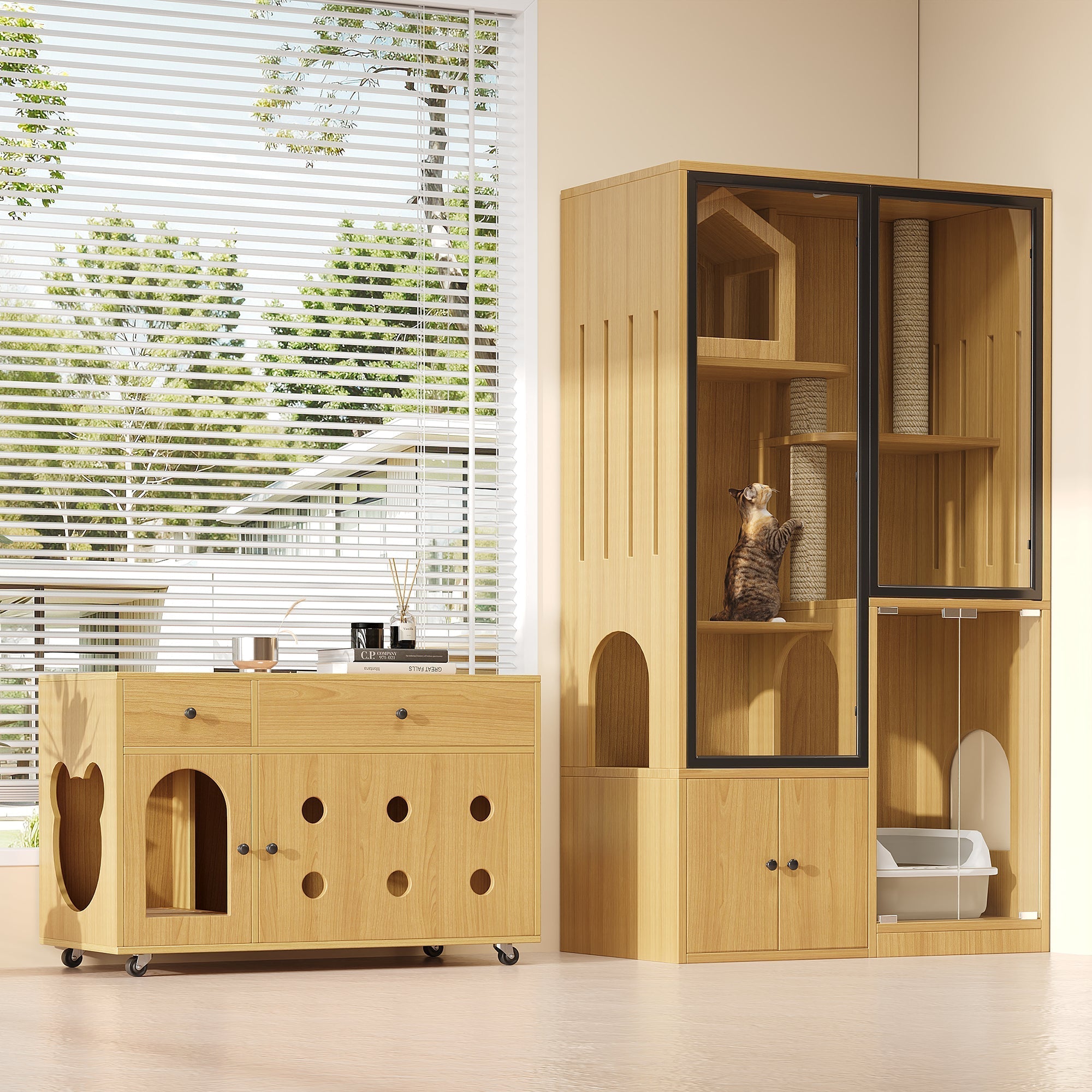 Cat Villa Litter Box Cabinet Glass House - Yellow Maple Wood Color
