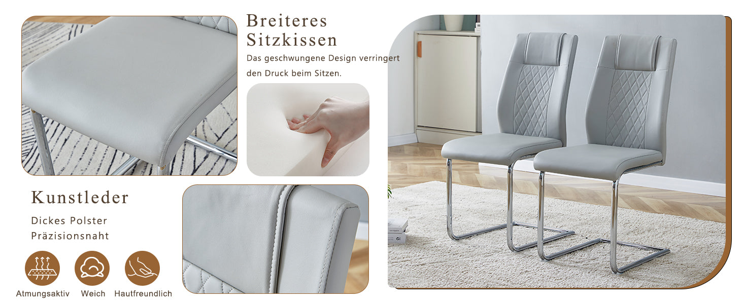 Scandinavian Dining Chairs Set of 4 Mesh Back Silver Metal Legs - Light Grey PU Leather