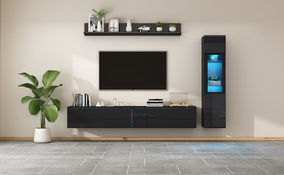 3-Piece TV Wall Unit Set High-Gloss LED Display Cabinet & Shelf Black