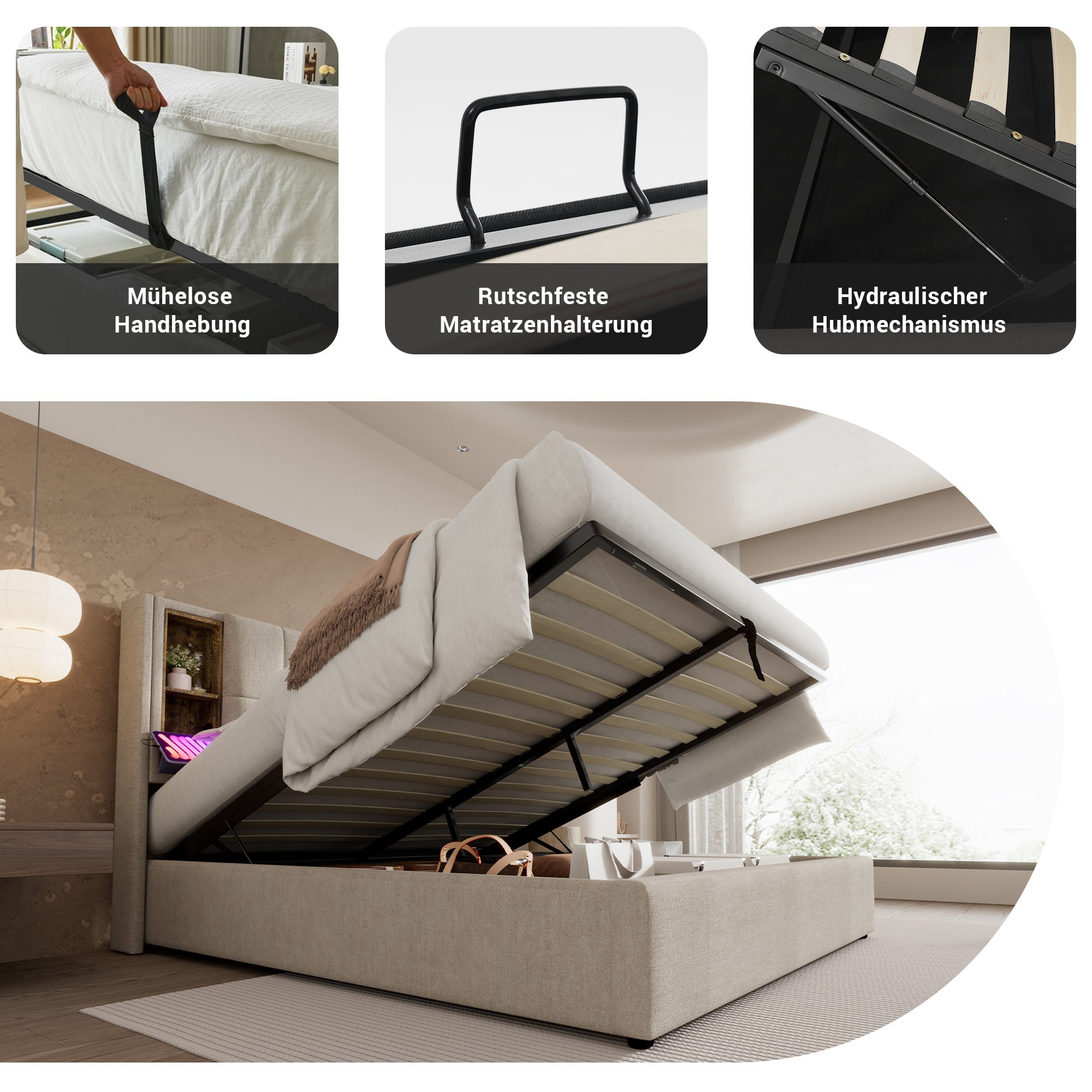 Double Bed with Wireless Charging USB C, 160x200cm, Storage, Natural Linen