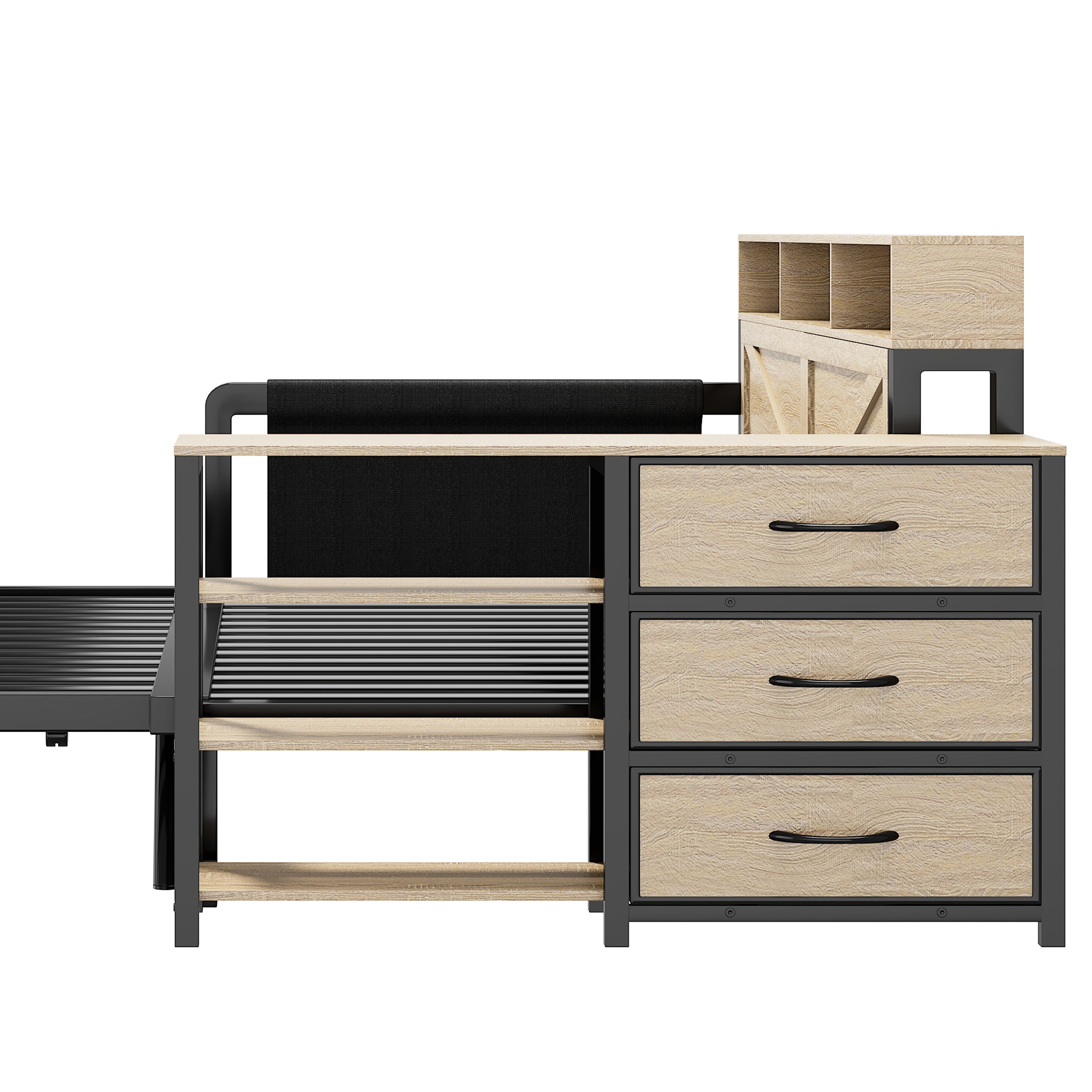 Metal Sofa Bed with Adjustable Pull-Out Bed, Storage Cabinet and LED Lighting, Black