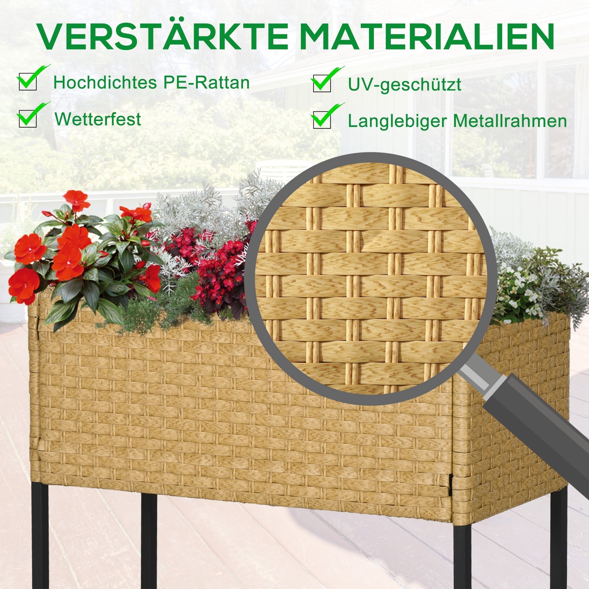 Hochbeet Blumenkasten, mit Füßen & Ablage, 70x30x72 cm, Polyrattan, Sandfarben