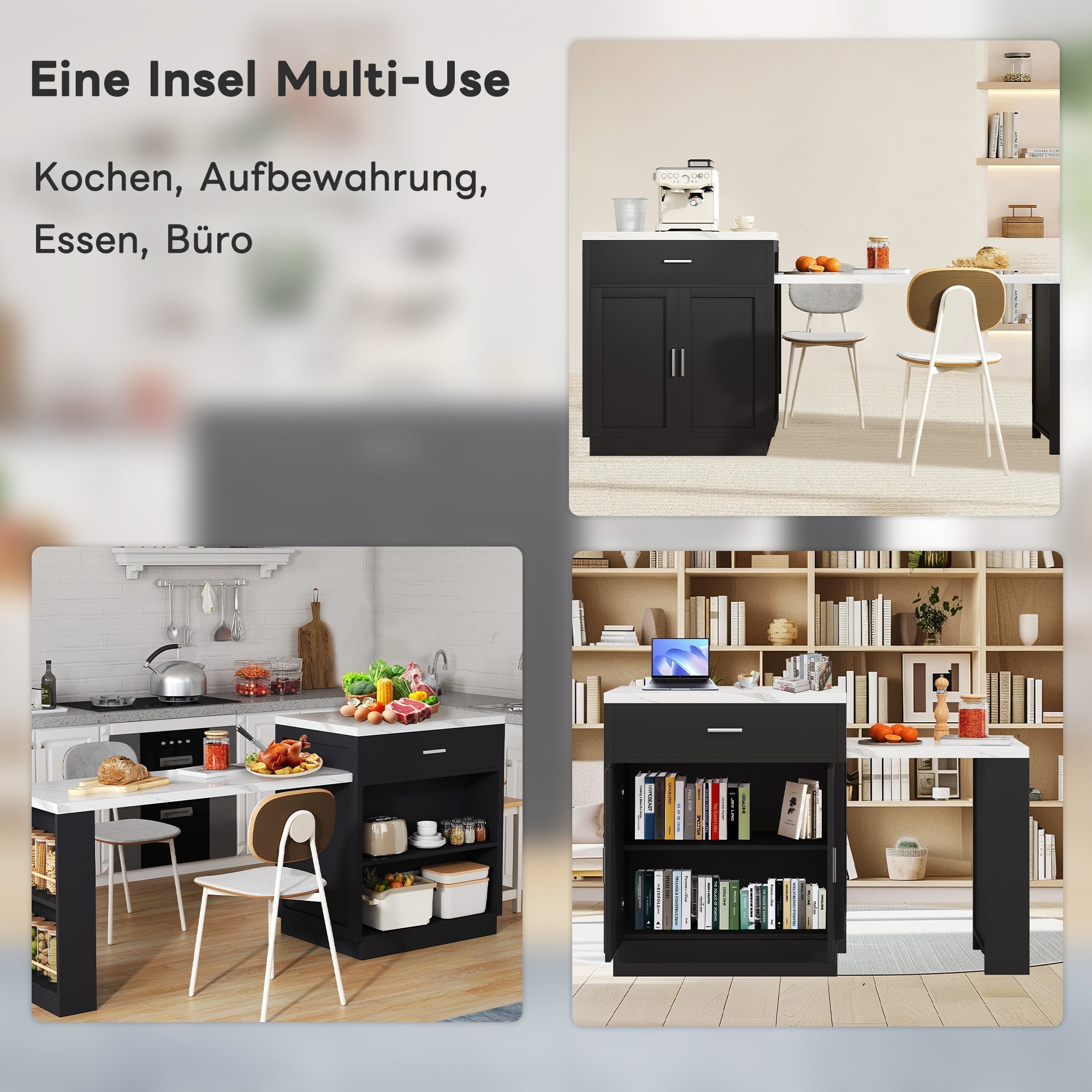 Kitchen Island with Extendable Dining Table for 4-6 People, Power Outlet and Storage Drawers, Black and White Marble Look