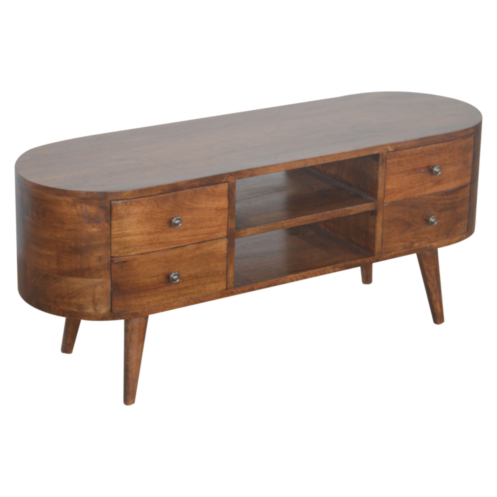 Solid Wood Entertainment Unit, Rounded 4 Drawers 2 Open Slots, Dark Brown Chestnut