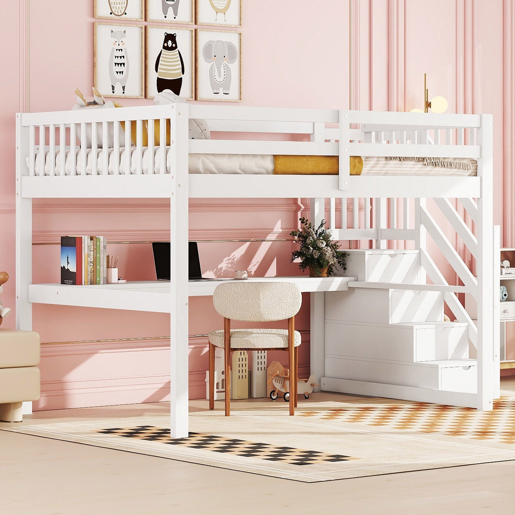 Loft Bed 140x200 Children's Storage Drawers Desk - White