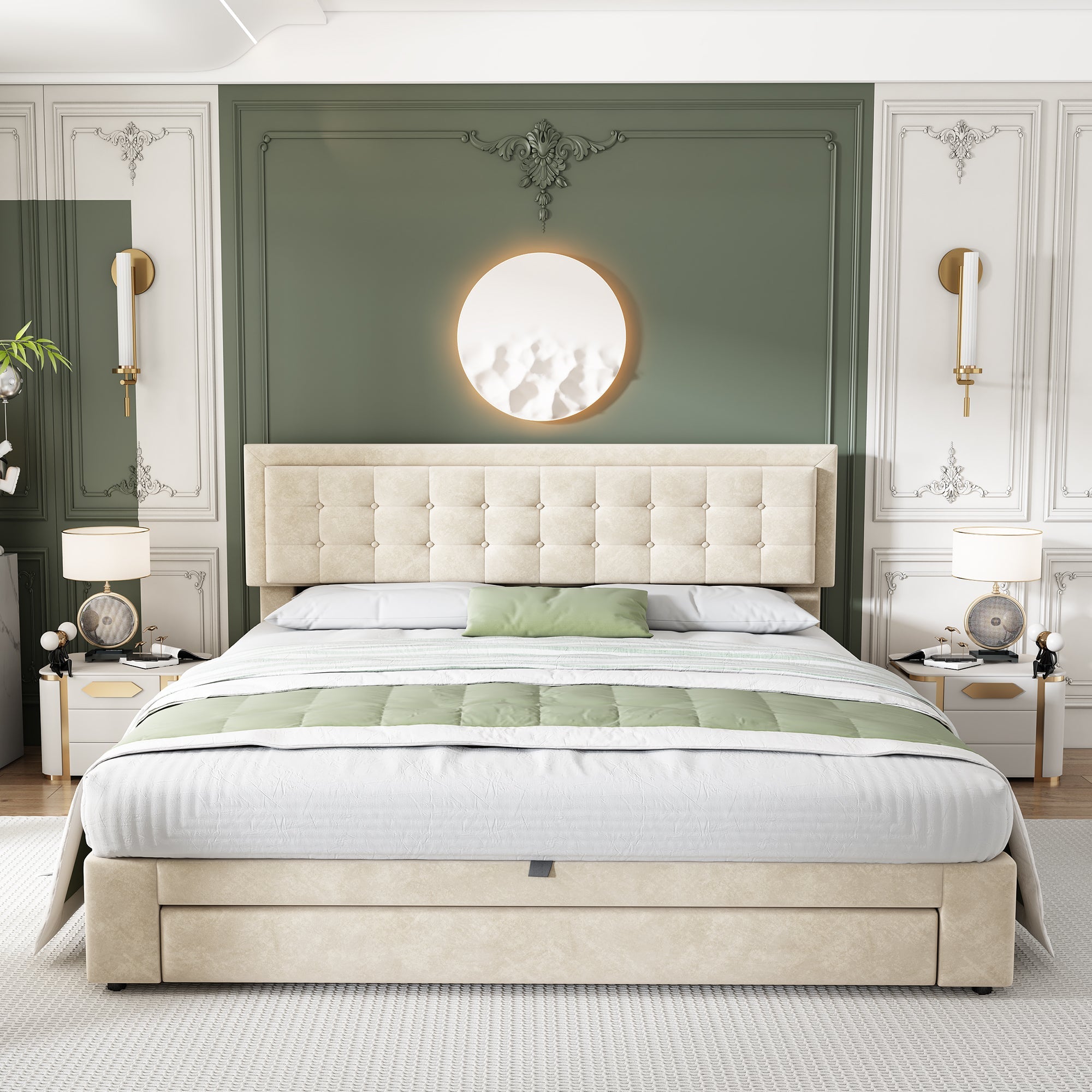 Upholstered Bed, Super King Size 6ft (180x200cm) with Storage, Slats and Headboard, Cream Velvet