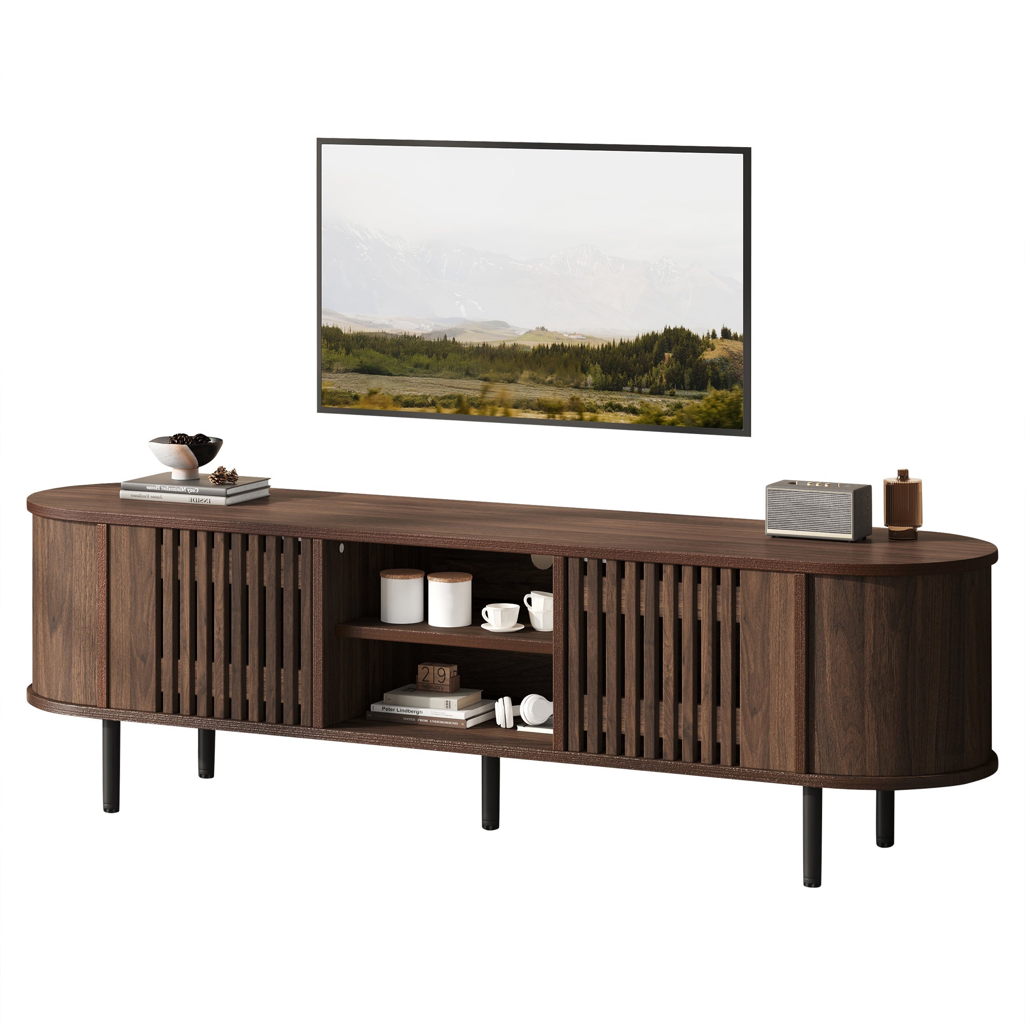 TV Cabinet Lowboard with 2 Cabinets, Openwork Wood Design, Walnut