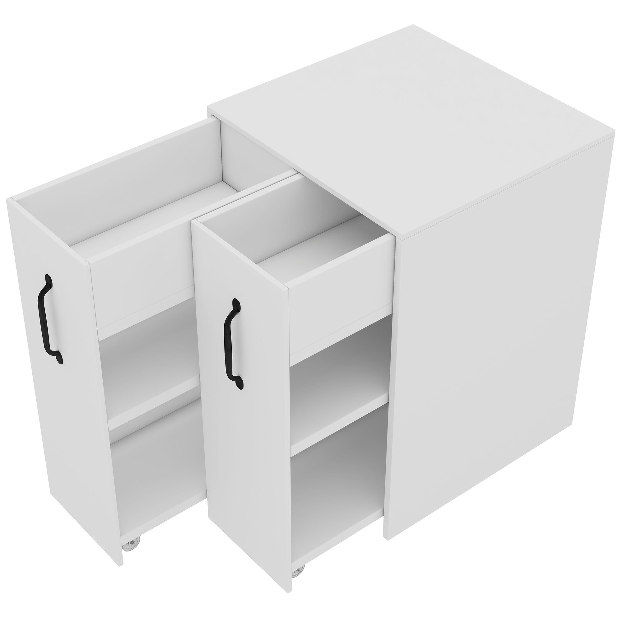 Small Bookcase with Wheels Extendable Reversible Shelves & Drawers