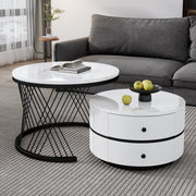 Elegant 2-Piece Nesting Coffee Table Set, Round High-Gloss Marble Look with 2 Drawers, White