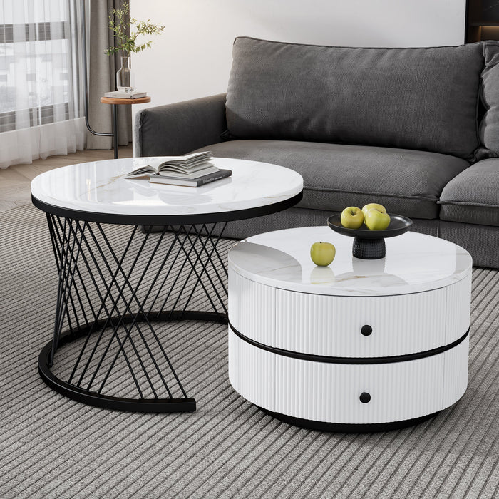 Elegant 2-Piece Nesting Coffee Table Set, Round High-Gloss Marble Look with 2 Drawers, White