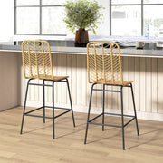 Bar Stools, Set of 2 with Backrest, Boho Design, PE Rattan, Yellow + Black