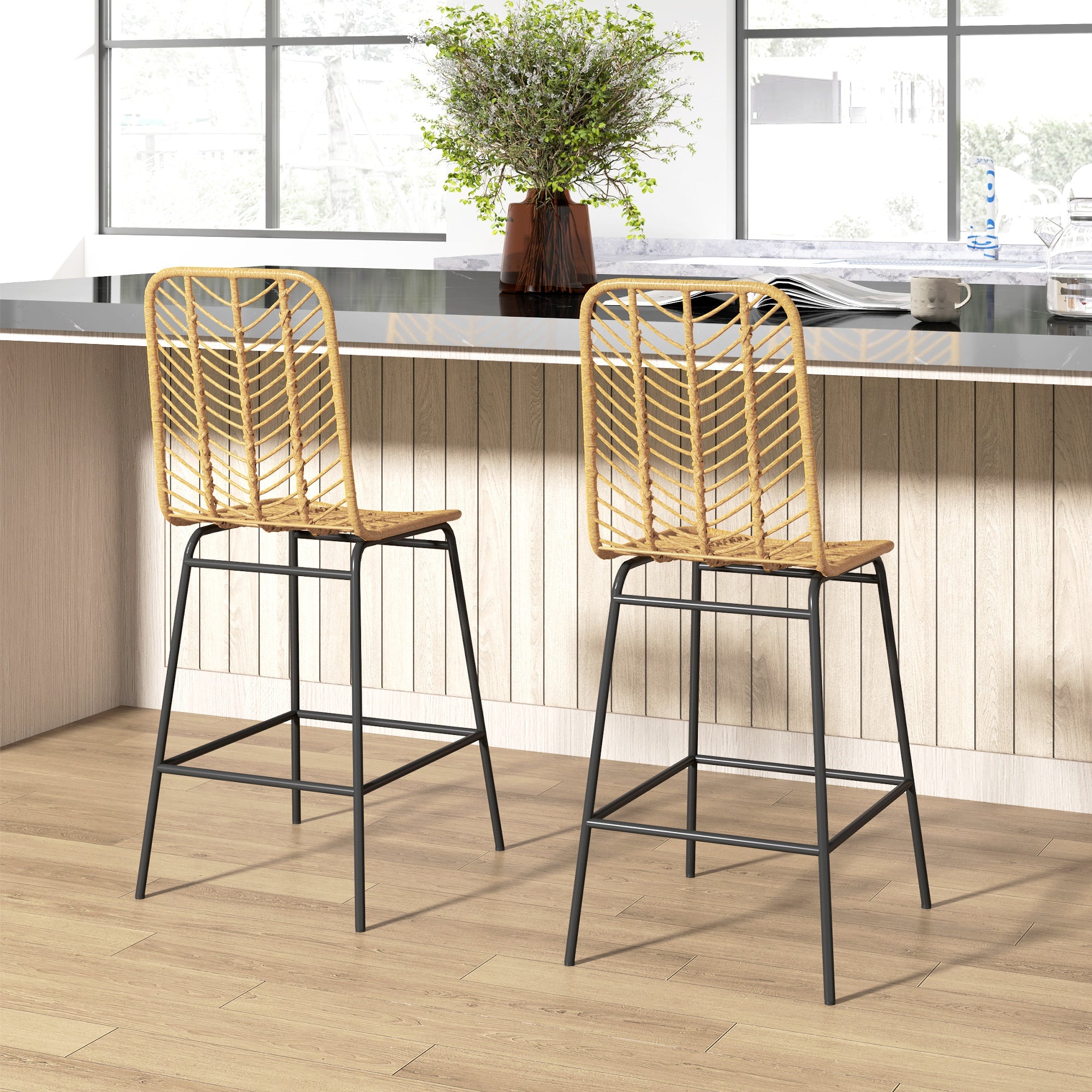 Bar Stools, Set of 2 with Backrest, Boho Design, PE Rattan, Yellow + Black