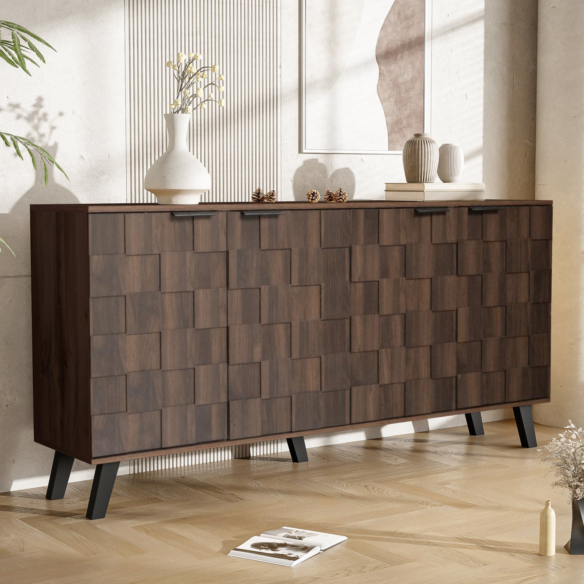 Modern Sideboard, 4 Doors 160.5x35.5x78 cm, Dark Wood Grain
