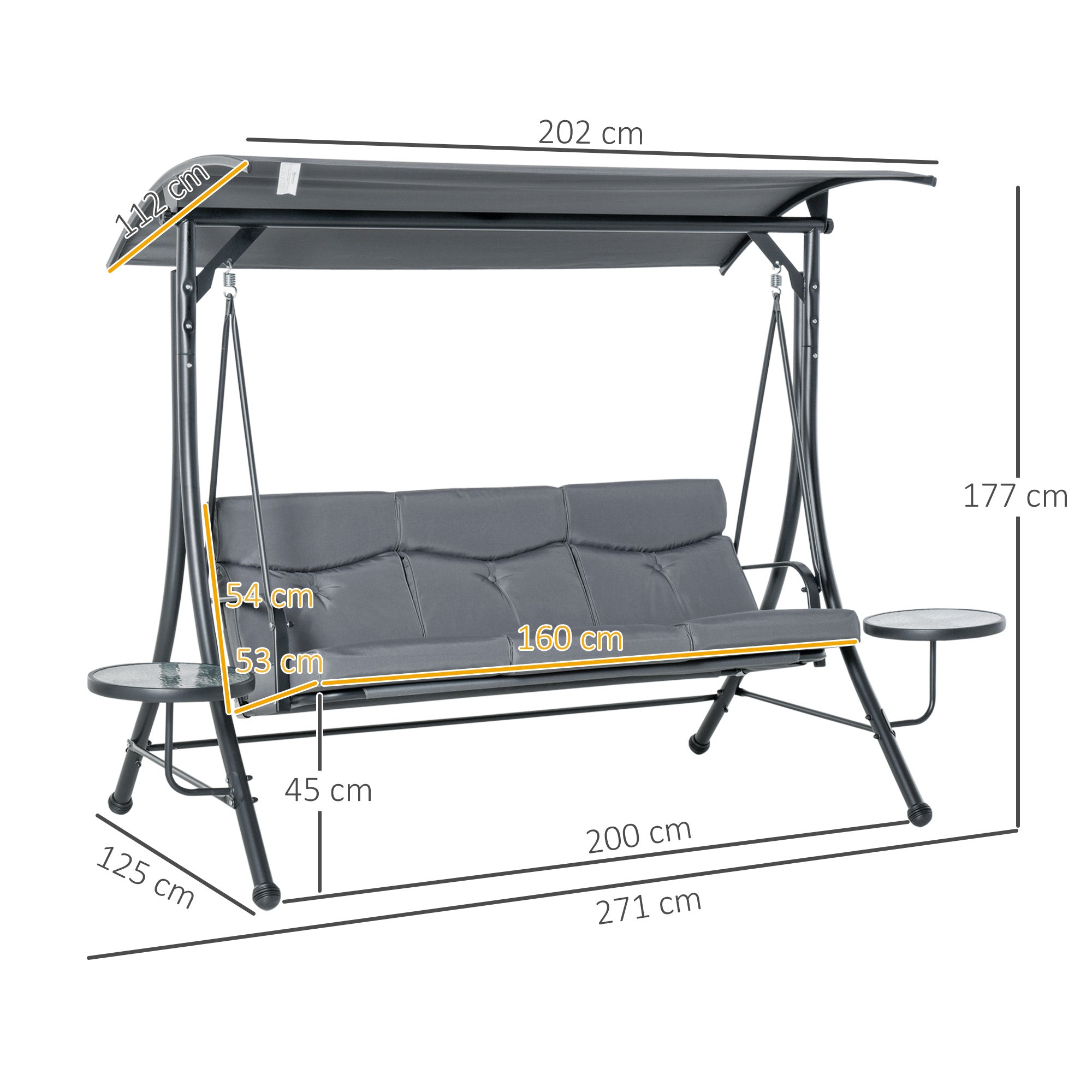 Hollywood Swing 3-Seater with Adjustable Sunshade, Tea Table, Steel Polyester Grey/Black