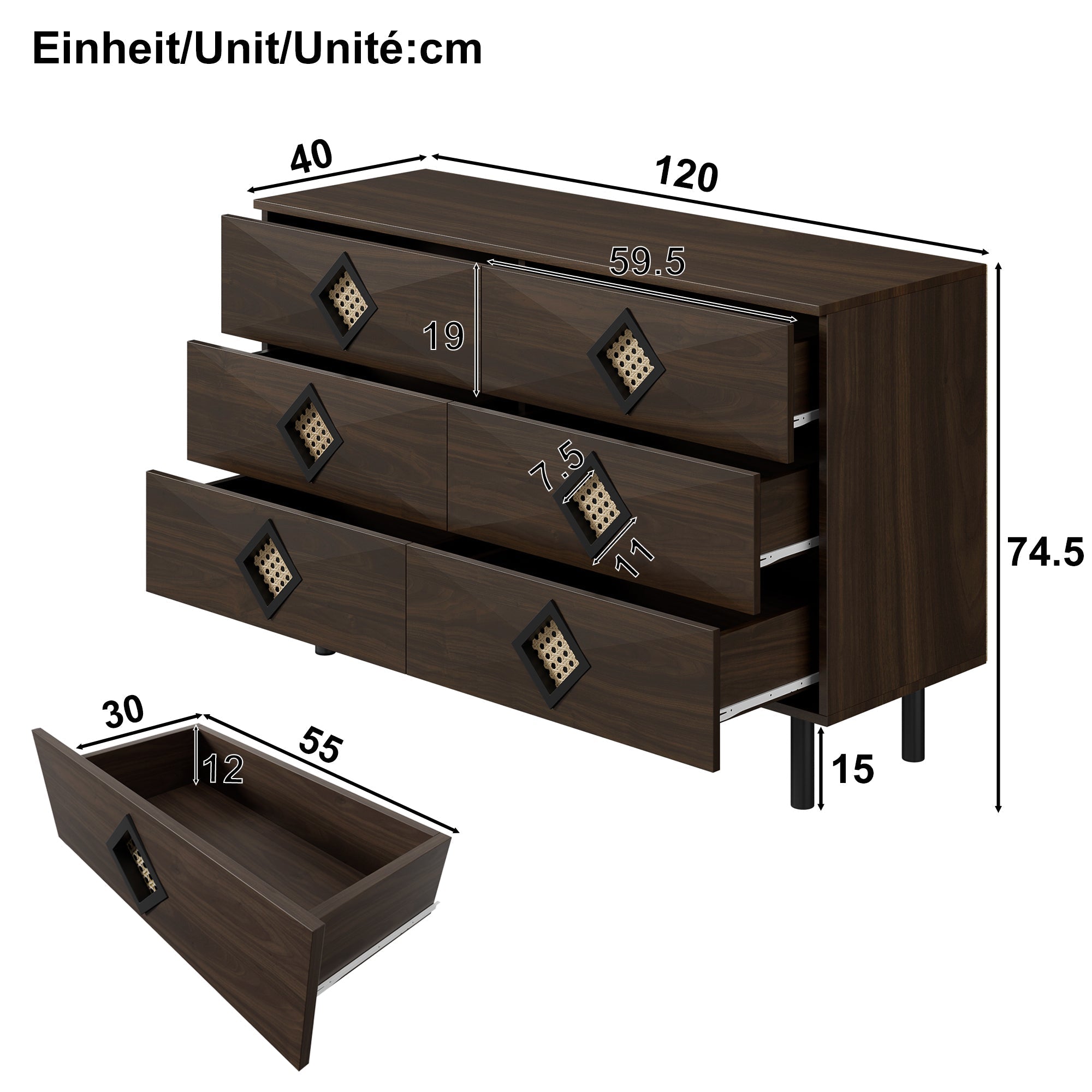 Dressing Table, 6-Drawer with Rattan Handle, Elegant for Bedroom & Living Room