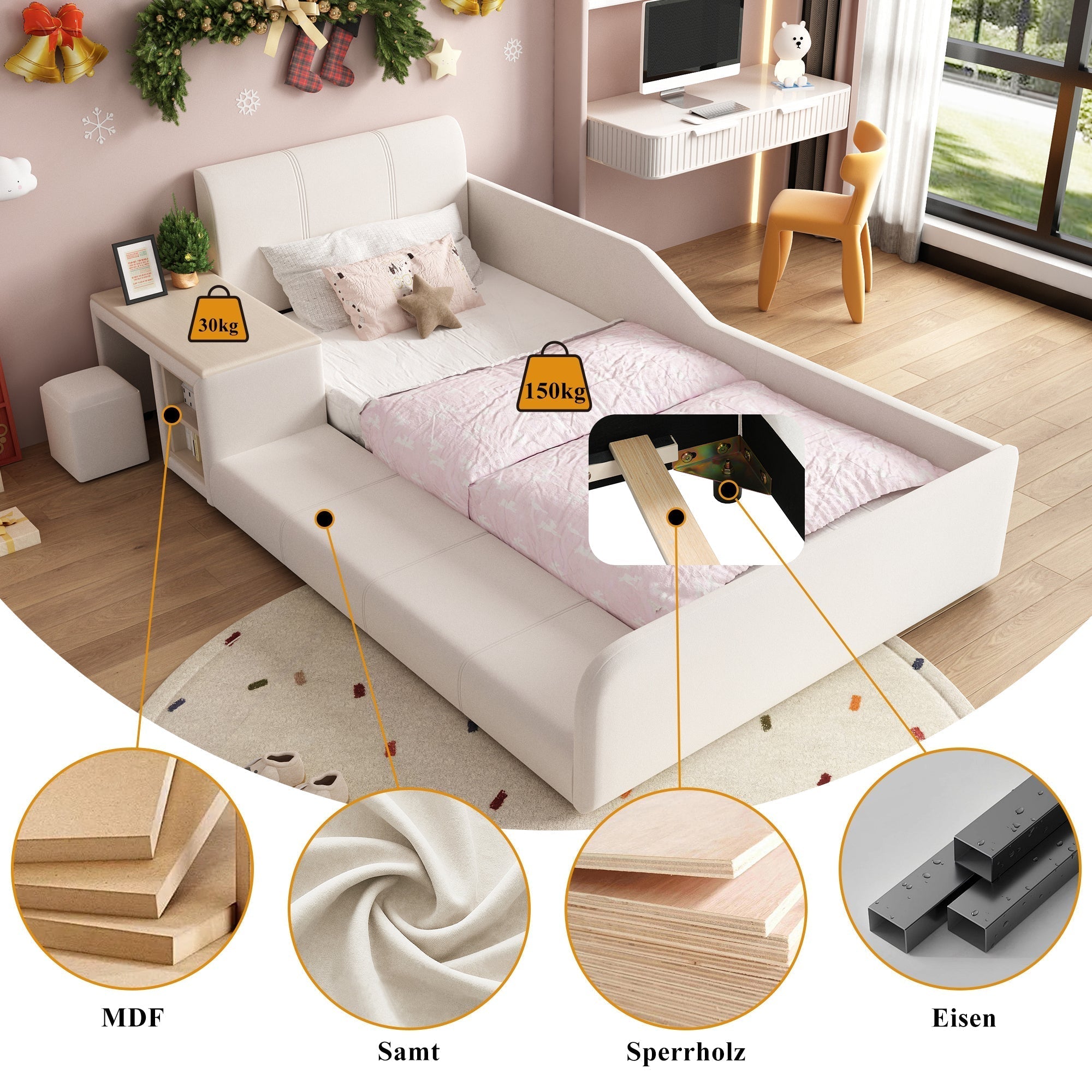 Upholstered Single Bed with Desk, Stool and Storage, 90x200cm, White Velvet