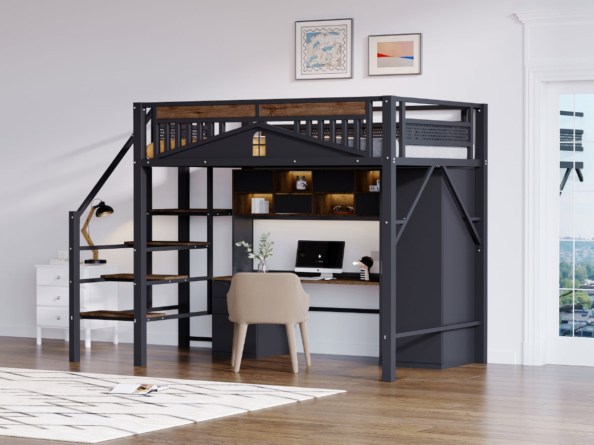 Loft Metal Bed 140x200 cm with Security Steps and Wood Accents, Black or White