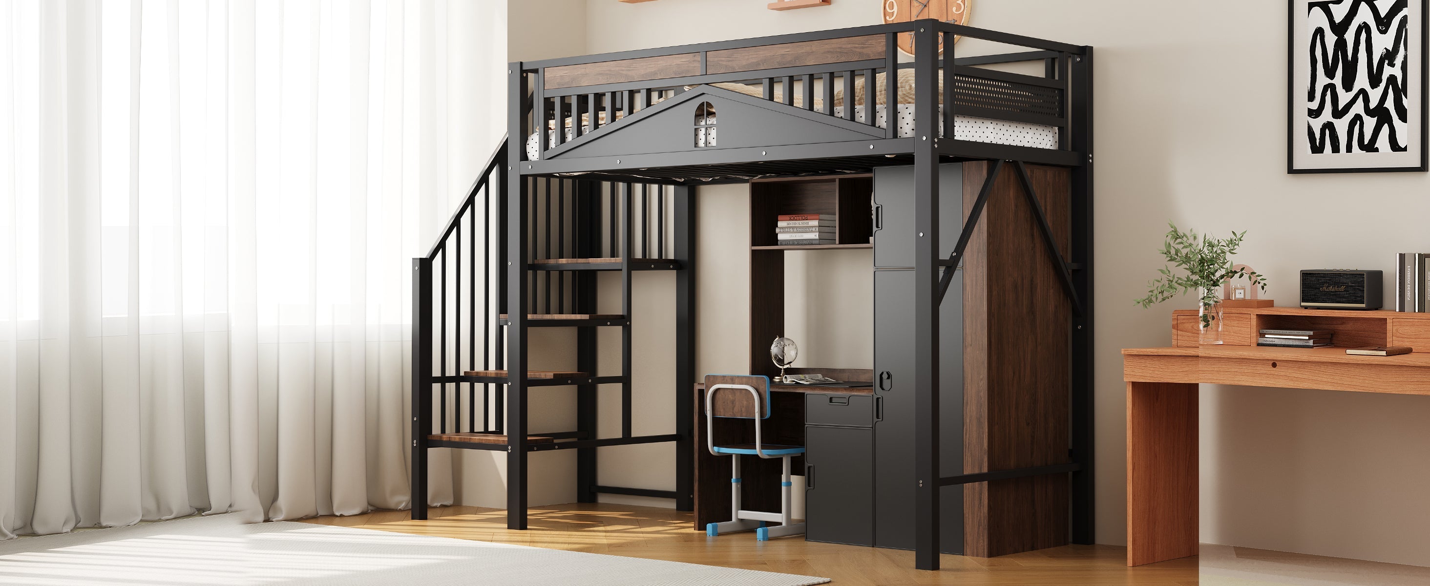 Metal Loft Bed 90x200cm Safety Railing Ladder Under-Bed Space, Black