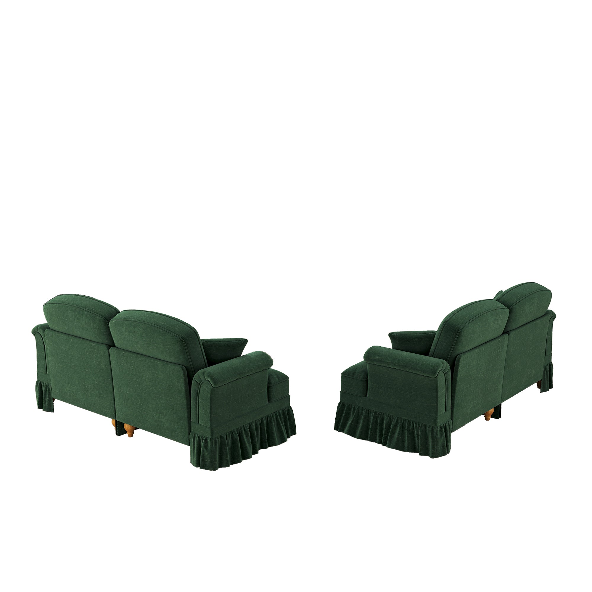 L-Shaped Sofa Mid-Century 2-Seater Movable Ottoman - Green Chenille