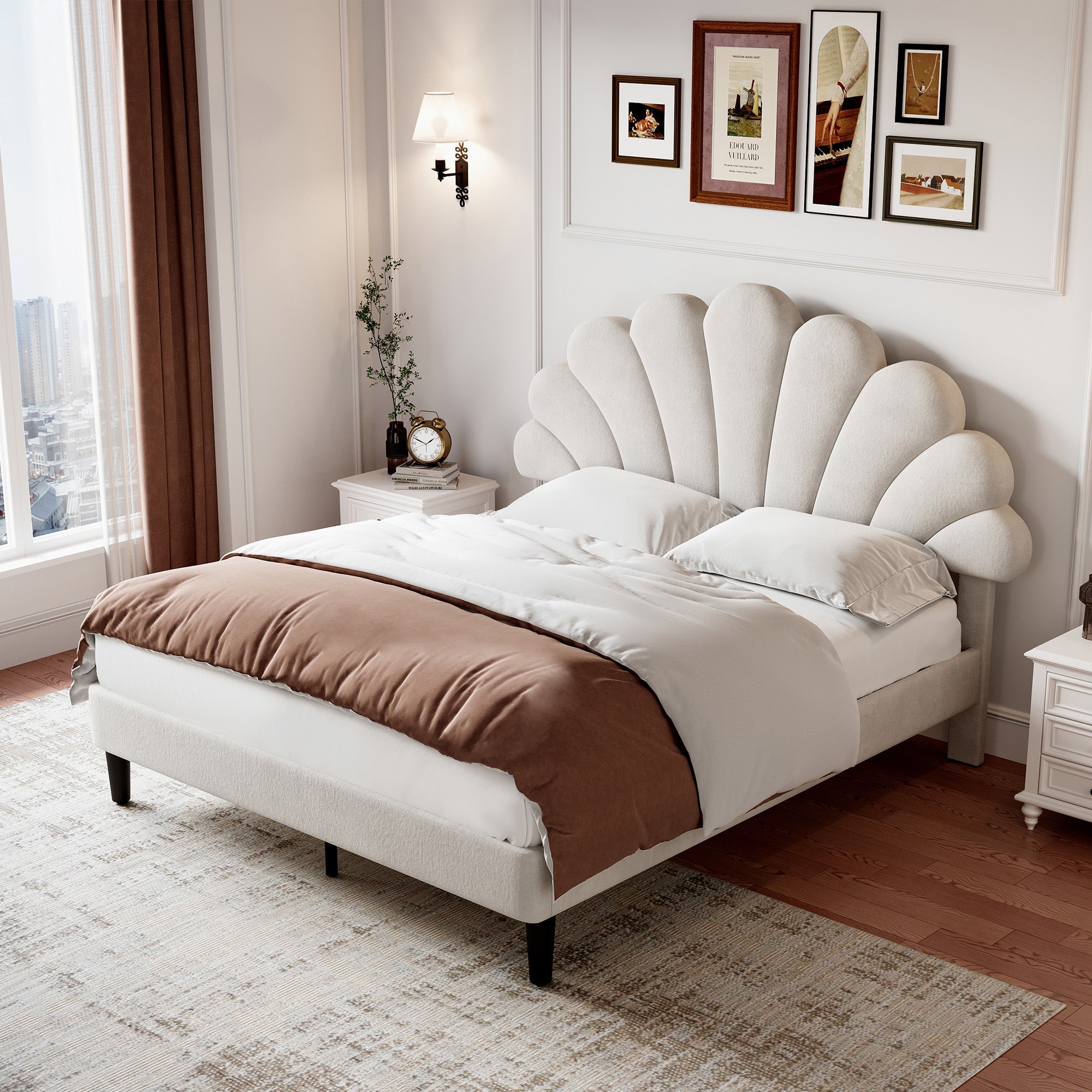 4ft6 Double Upholstered Velvet Bed Frame, Adjustable Chic Petal Headboard, Beige