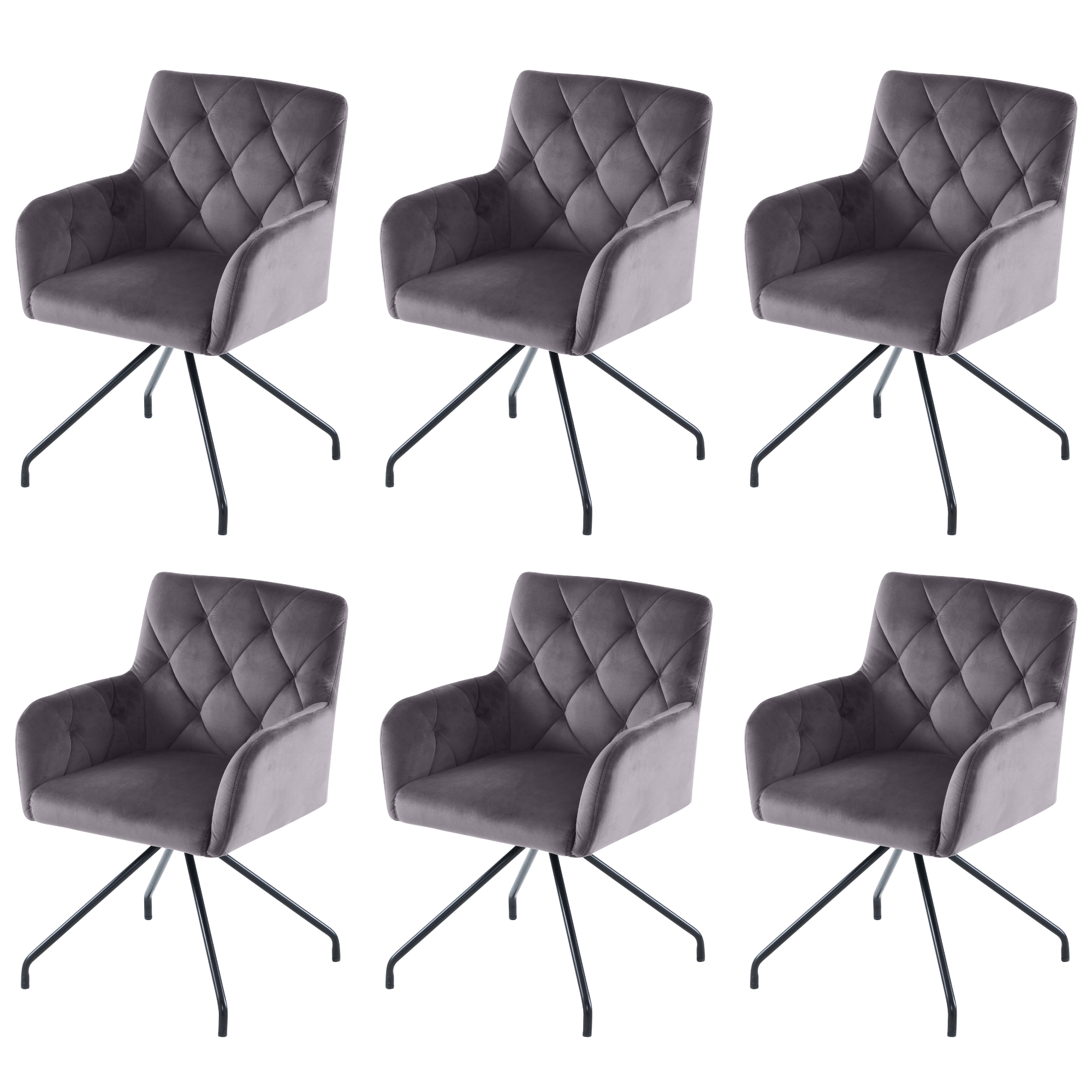 Set of 6 Dining Chairs with Diamond Pattern and Lumbar Support, Grey Velvet