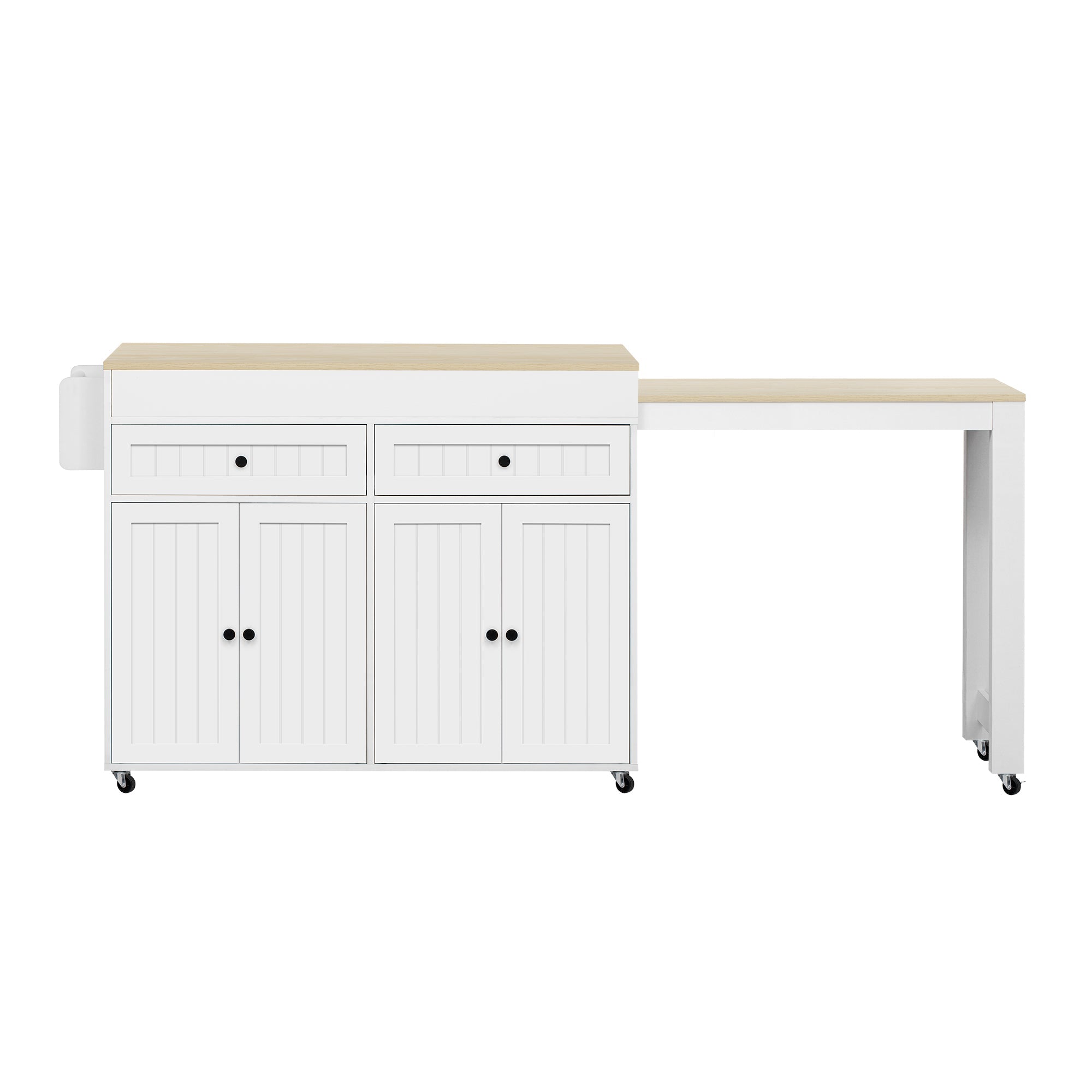 Kitchen Island, Extendable with Worktop & Drawers, Mobile, White+Natural