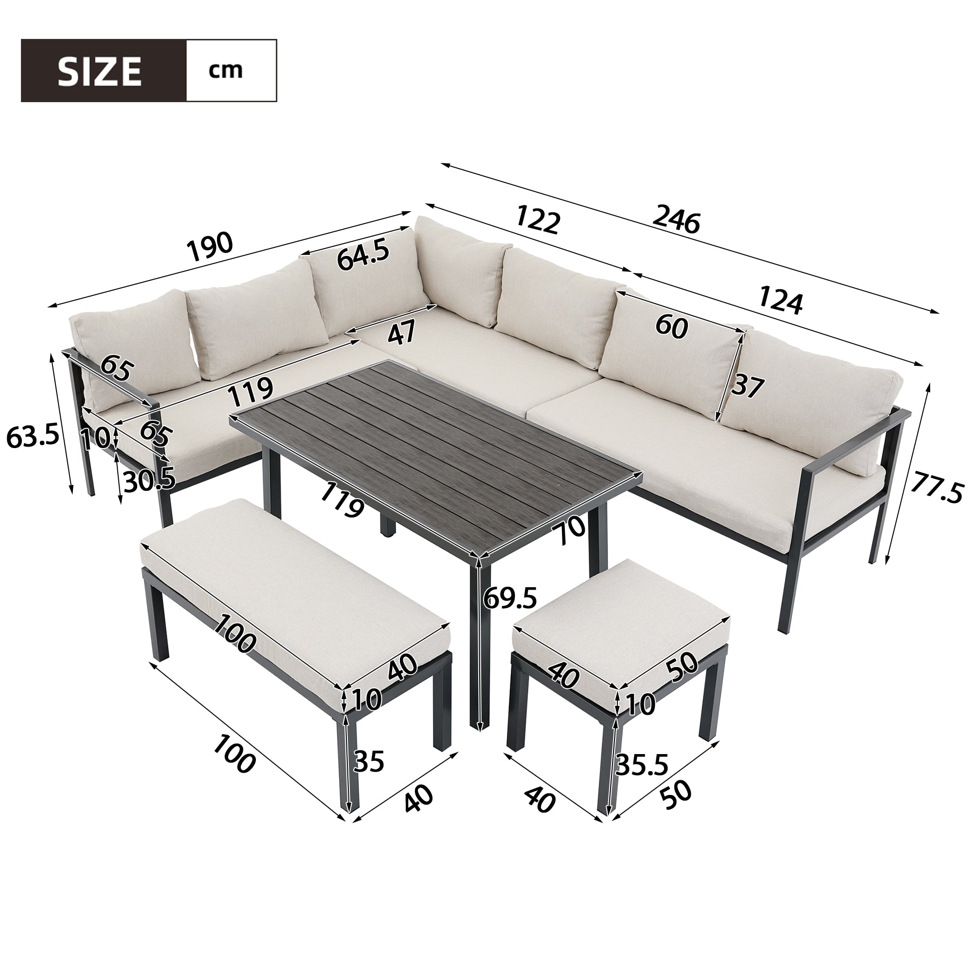 Garden Dining Set, 9-Person Corner Configuration with Table, Benches, Chairs and Sofas, Beige Plastic-Wood Tabletop