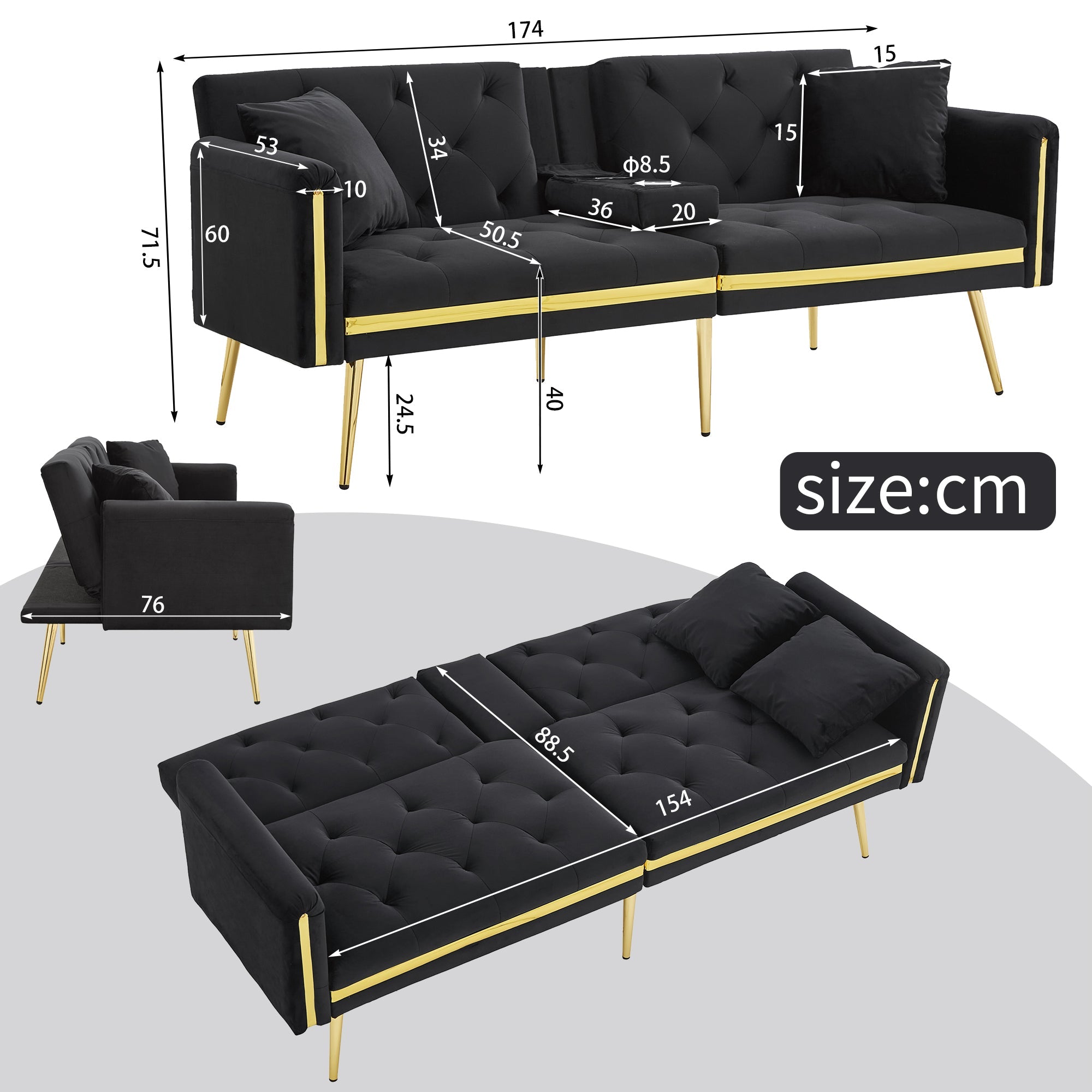 Two-seater Sofa Bed with Adjustable Backrest, Gold Accents, and Cup Holders - Velvet