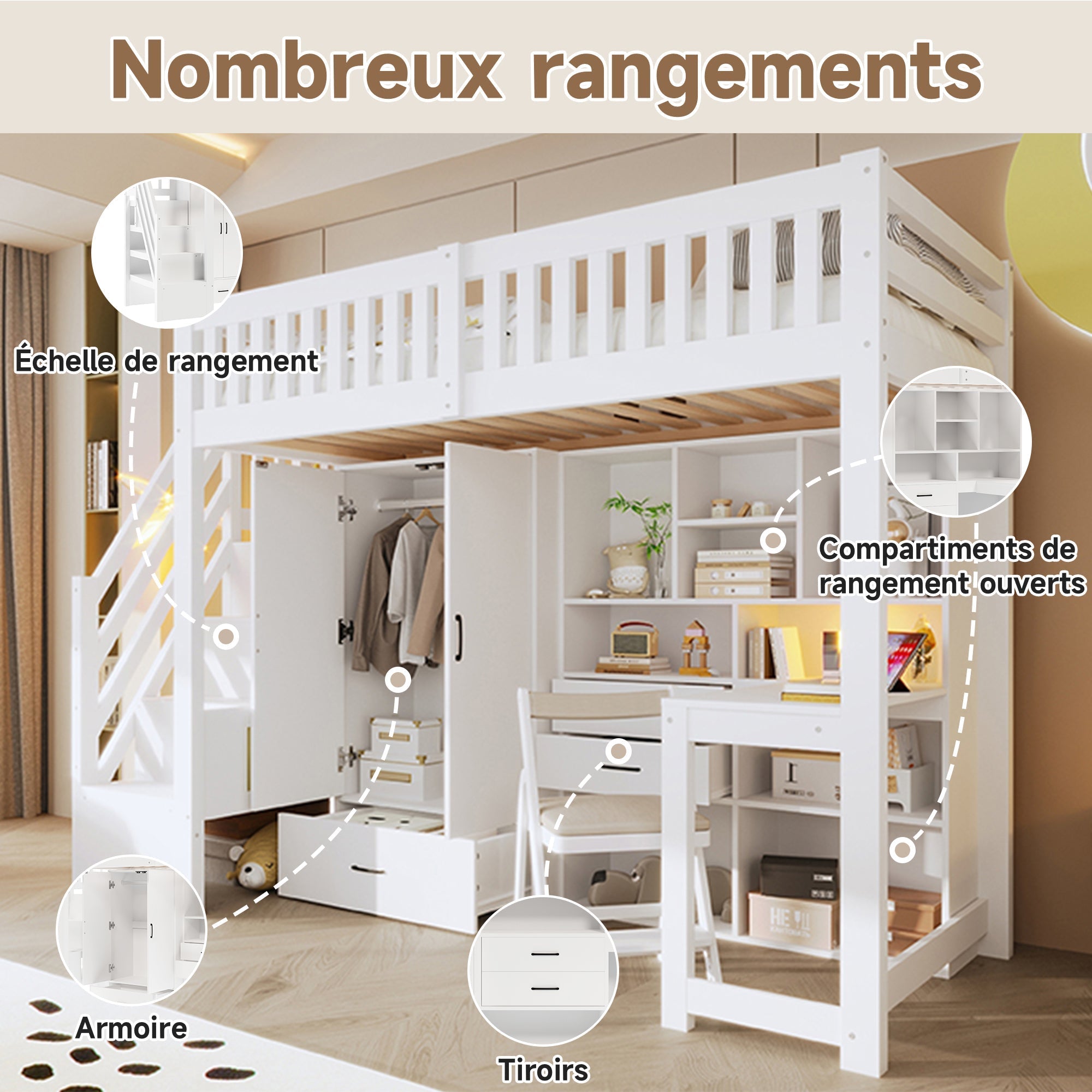 Loft Bed with Wardrobe, Desk and Storage Ladder, White