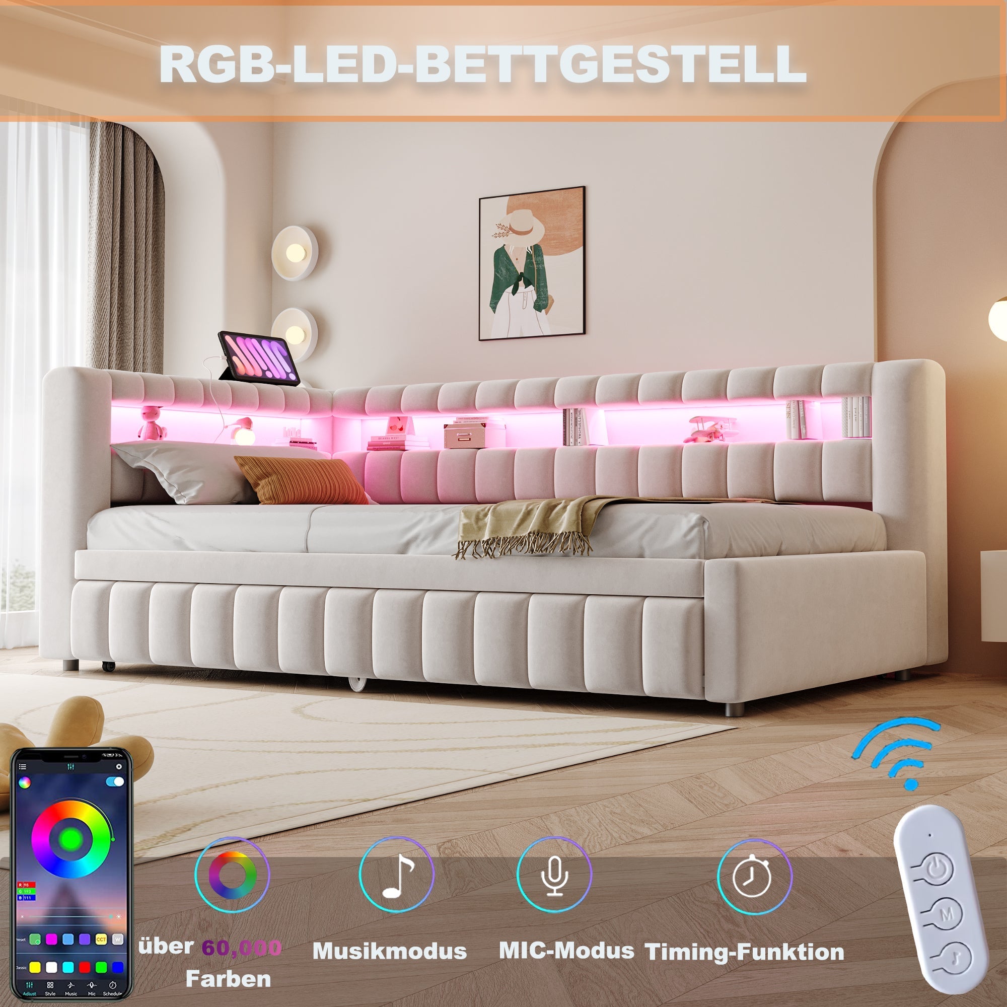 Upholstered Extendable Sofa Bed with LED and USB Port, 90x200cm, Beige Velvet