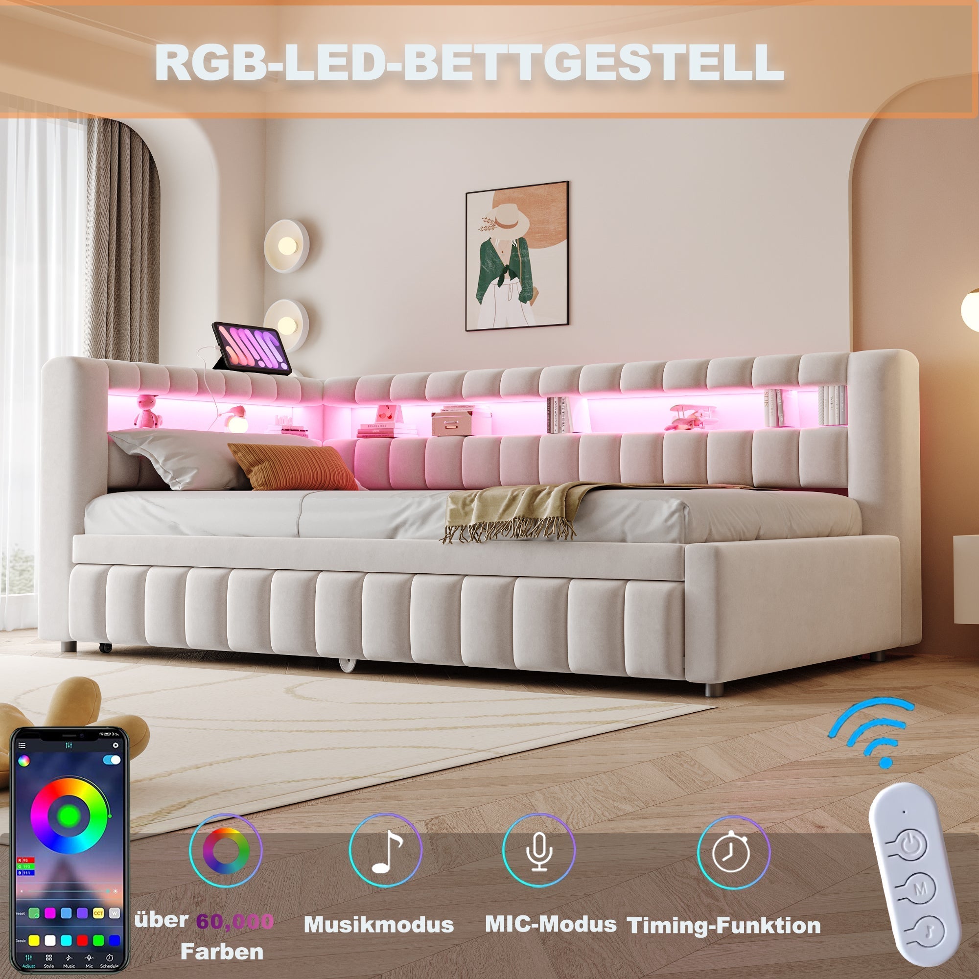 Upholstered Extendable Sofa Bed with LED and USB Port, 90x200cm, Beige Velvet