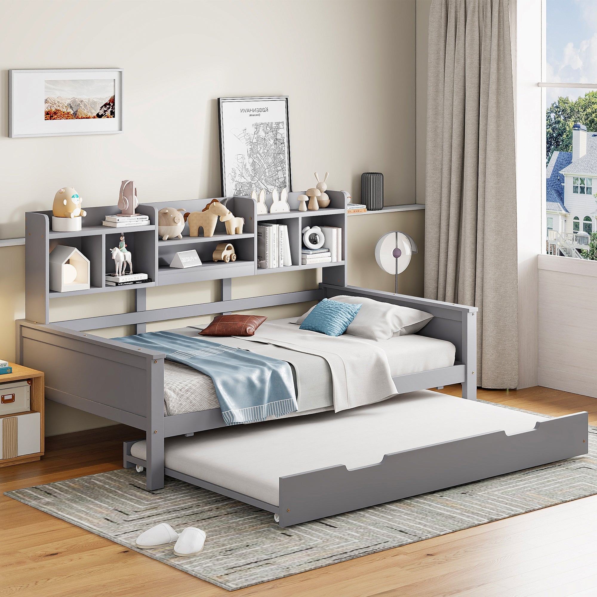 Extendable Sofa Bed 90x200cm/90x190cm Storage Pull-out Solid Pine Wood Grey