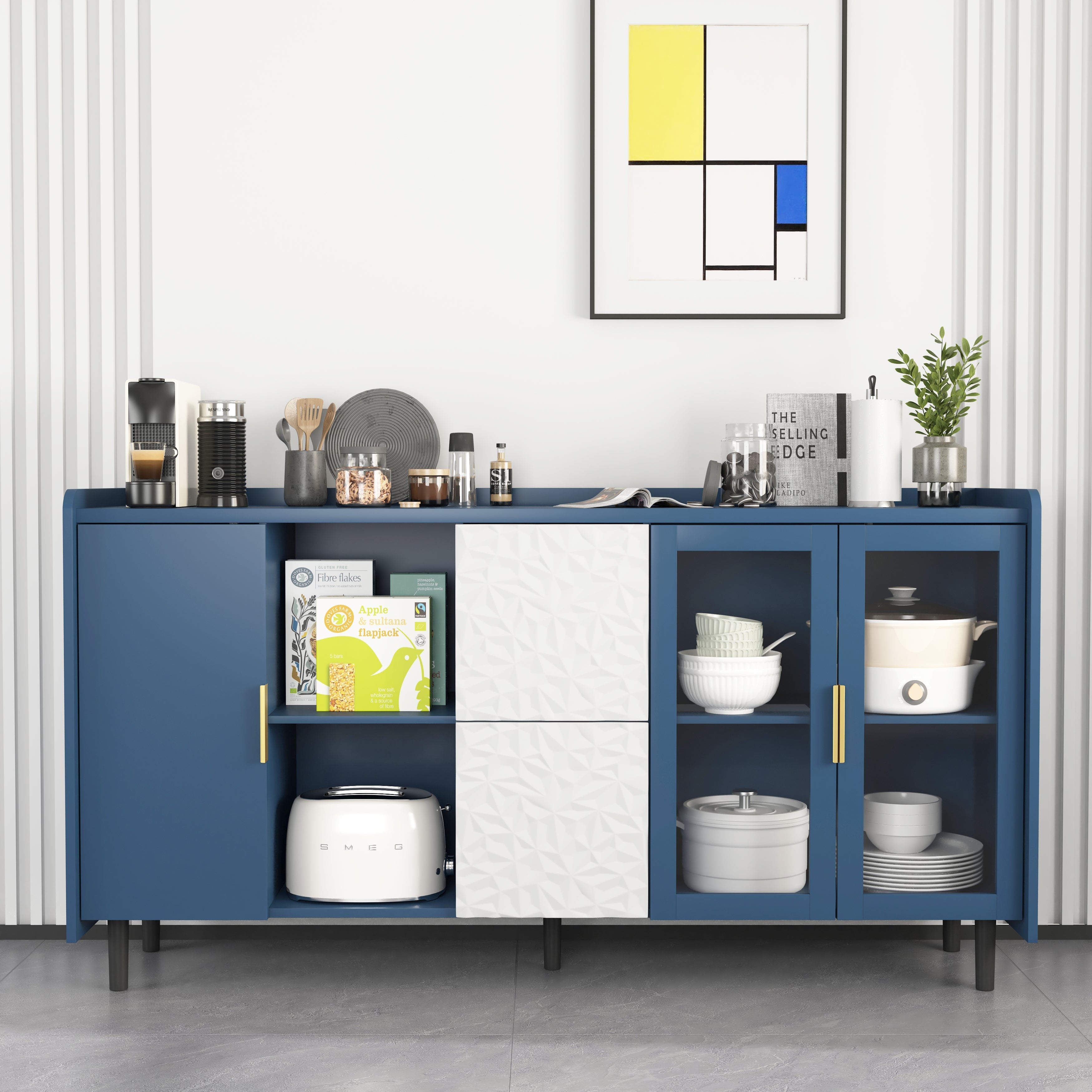 Pantry Cabinet 55-inch 2 Drawers 2 Glass Doors - Blue