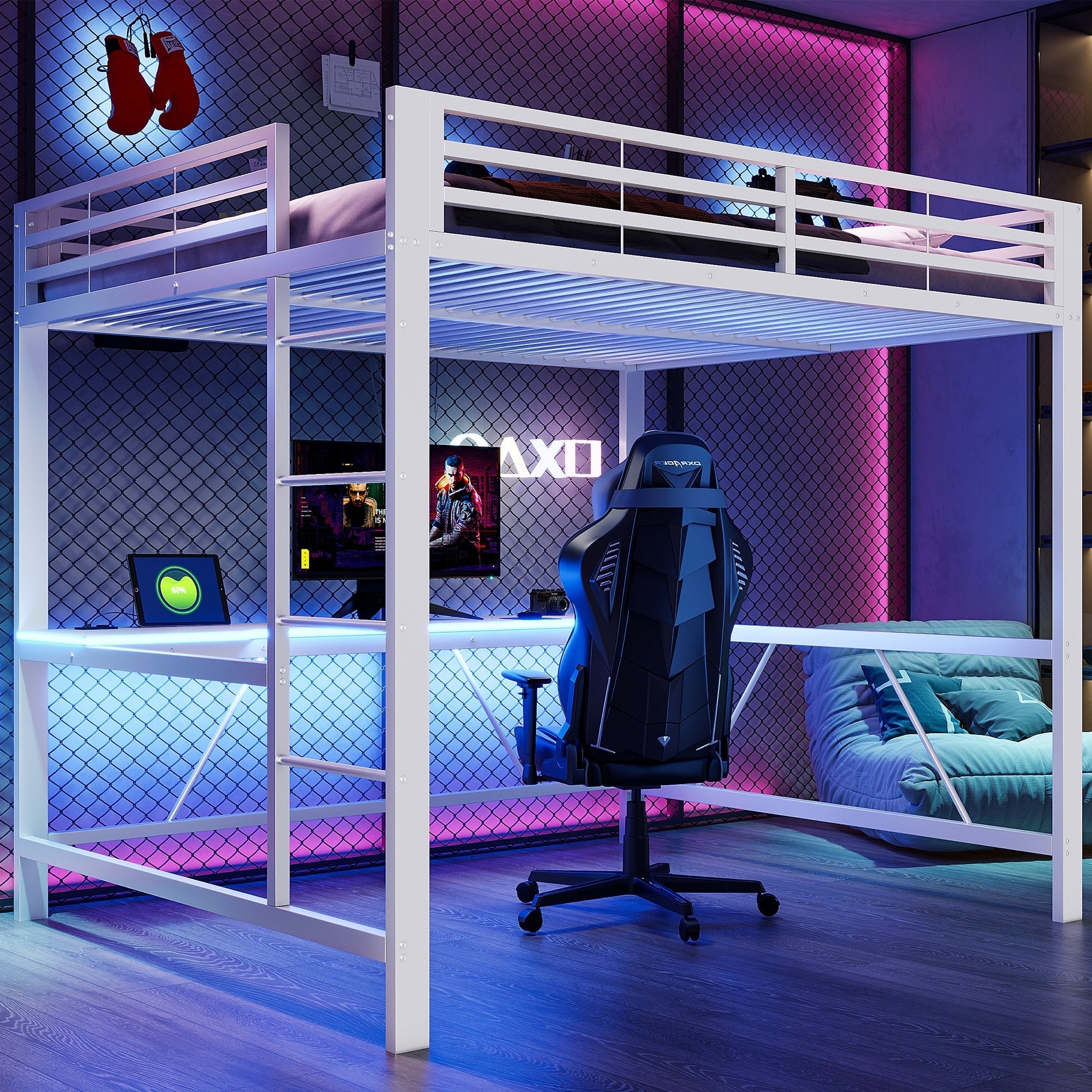 Gaming Loft Bed Frame with 160x200 Desk, LED and USB, White Metal