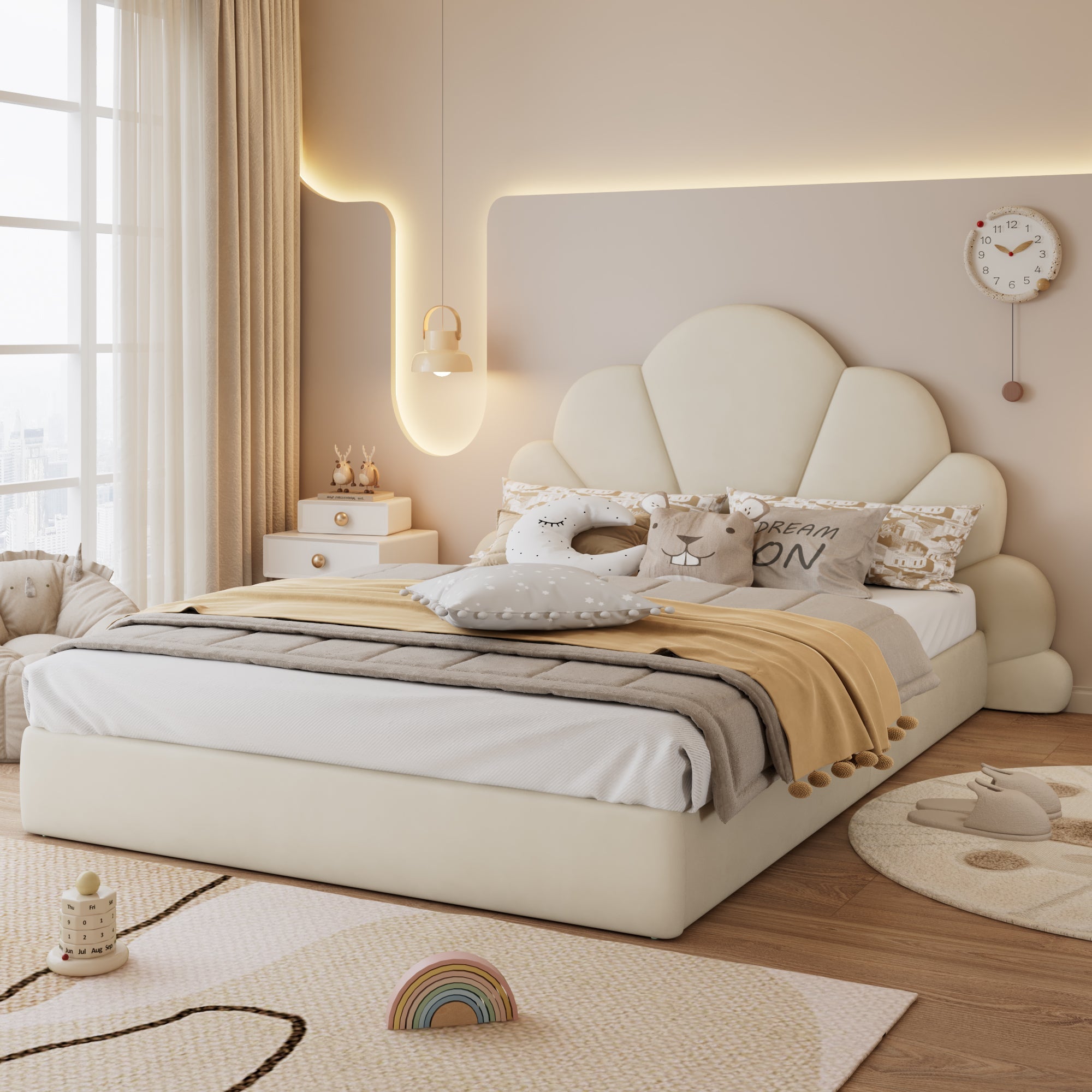 Upholstered Bed, Curved Petals, Modern Frame, Velvet Beige
