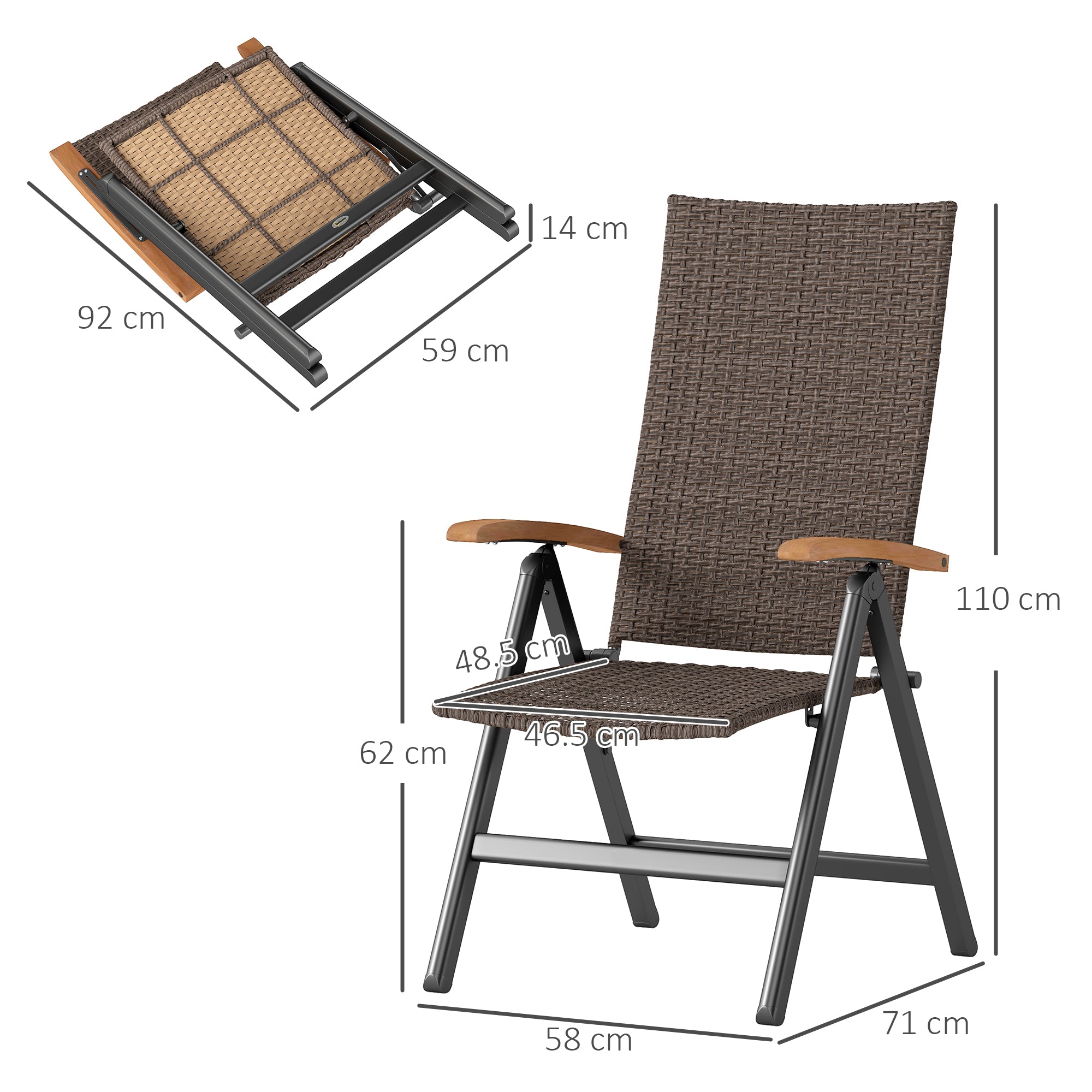 2 Pieces Folding Rattan Garden Dining Chairs 5-Level Reclining High Back Wood Armrests Brown