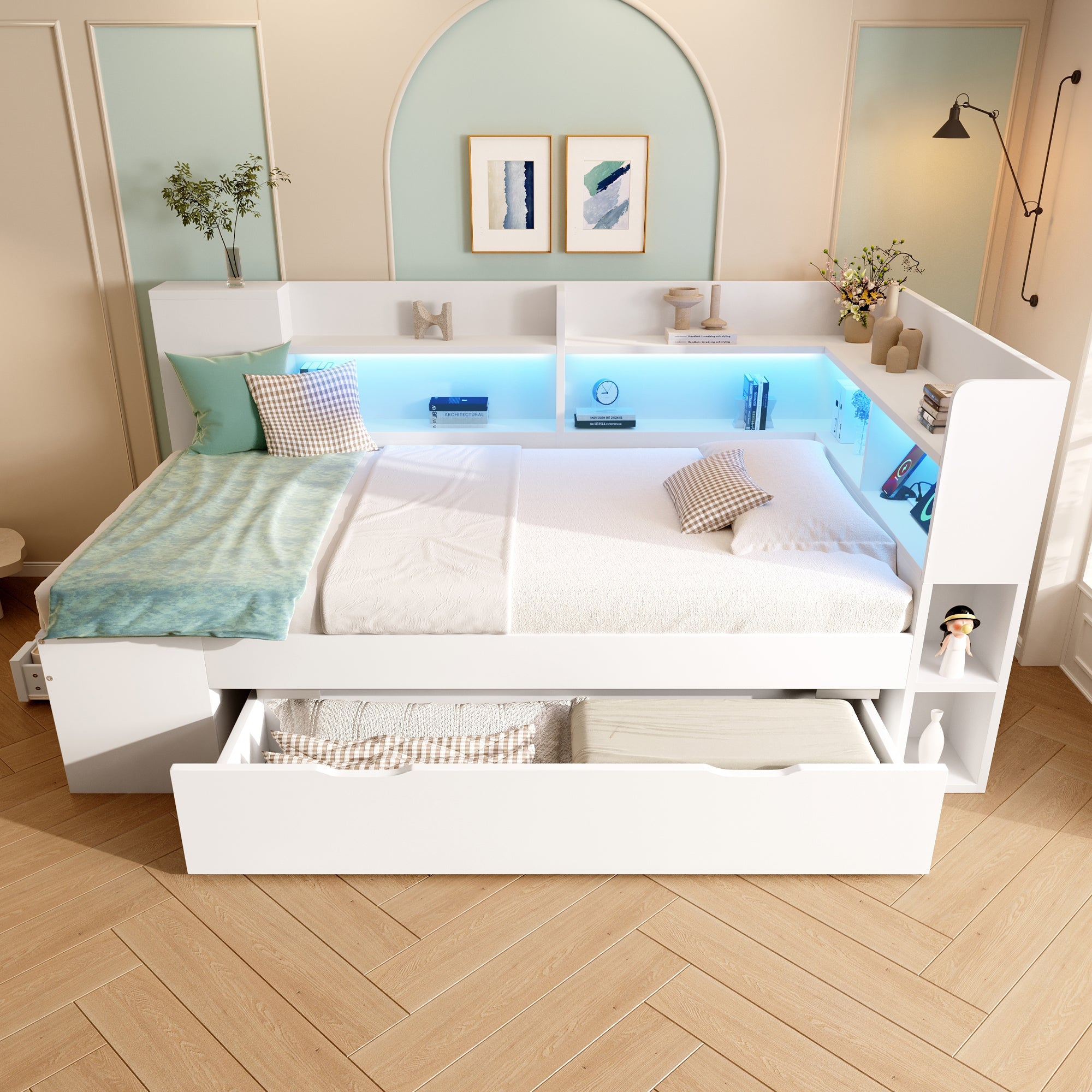 Daybed 90x190cm Functional Bed with LED, USB/Type-C Charging, Storage Shelves & Drawers - White Wood