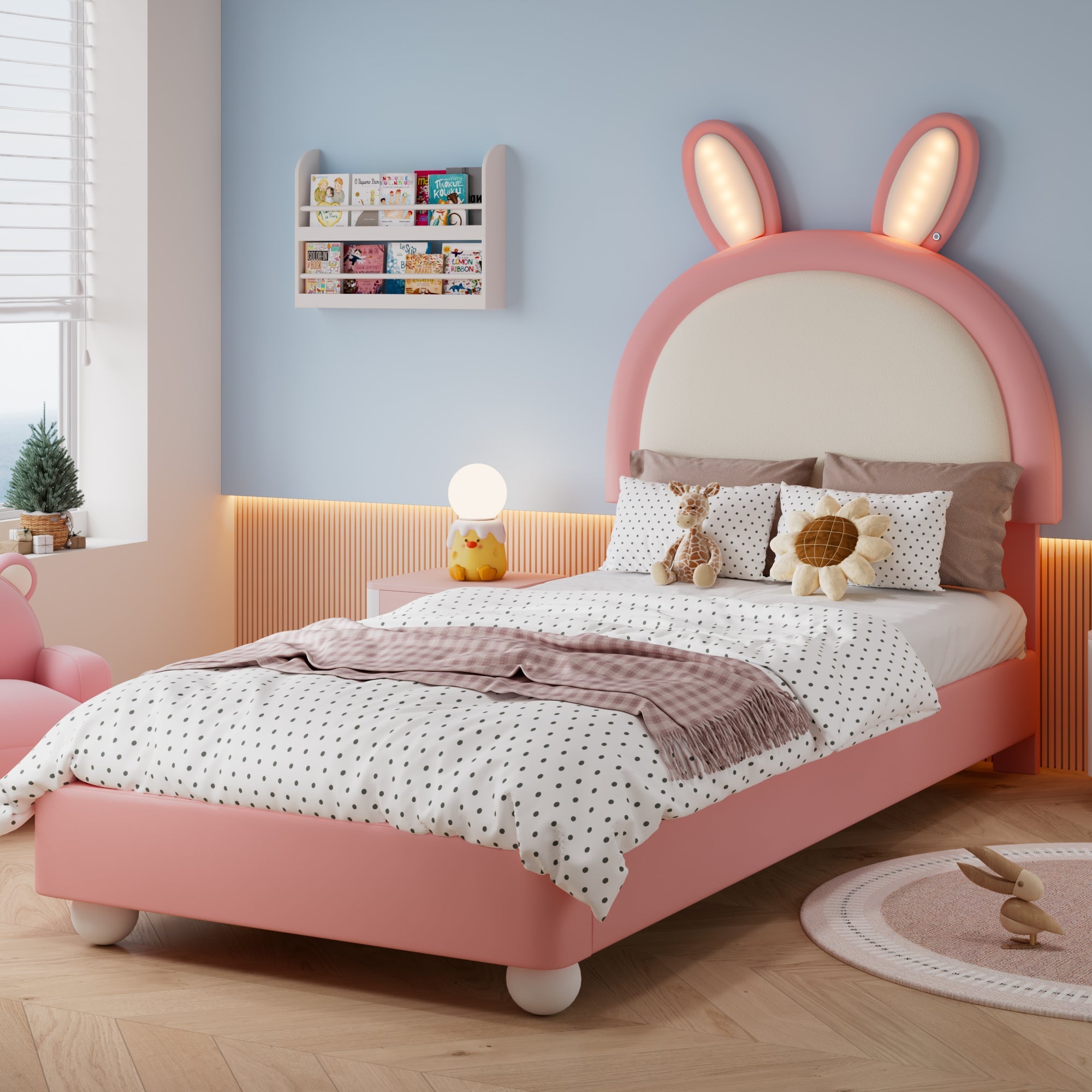 Upholstered Single Bed with Rabbit-Shaped Headboard and LED Light Strip, 90x200cm, Pink and White PU + Plywood