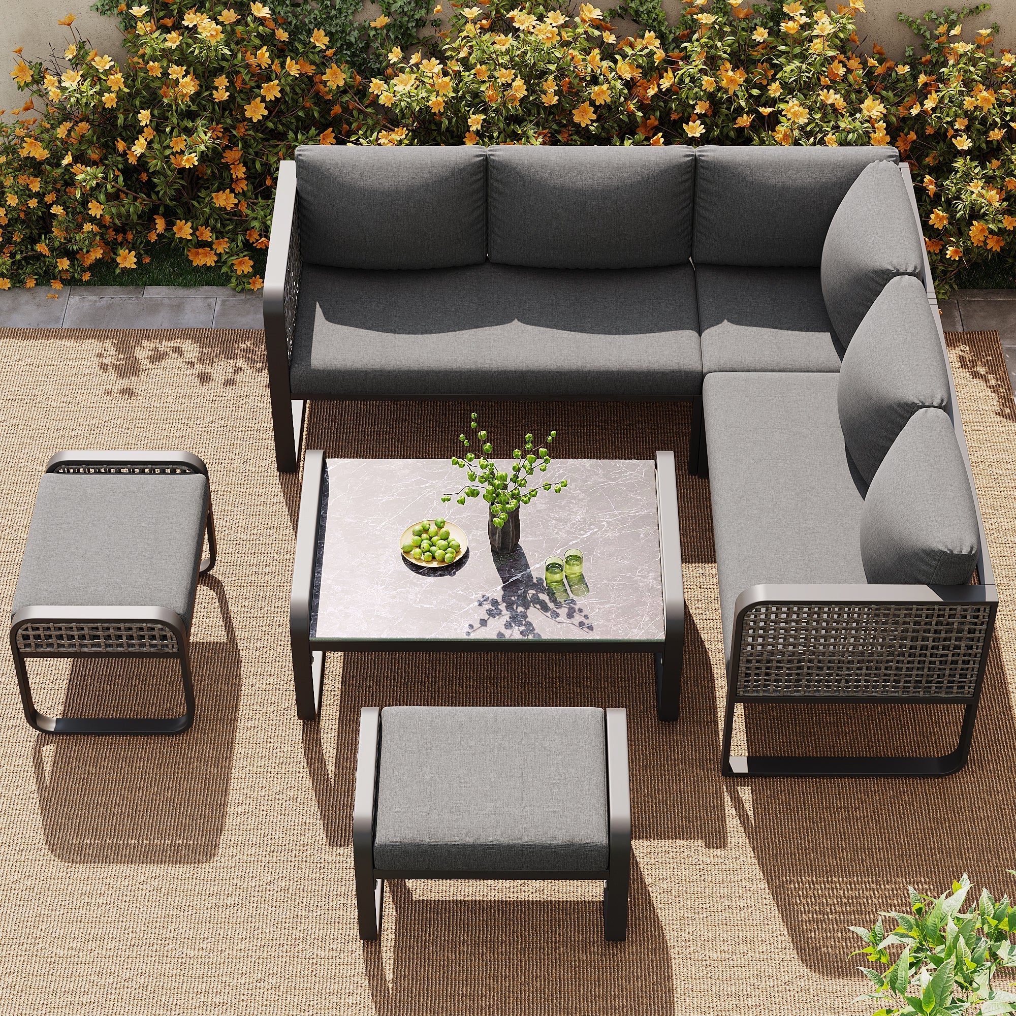 Outdoor Garden Lounge Set, 6-7 People Corner Sofa with Adjustable Legs, Grey Rattan