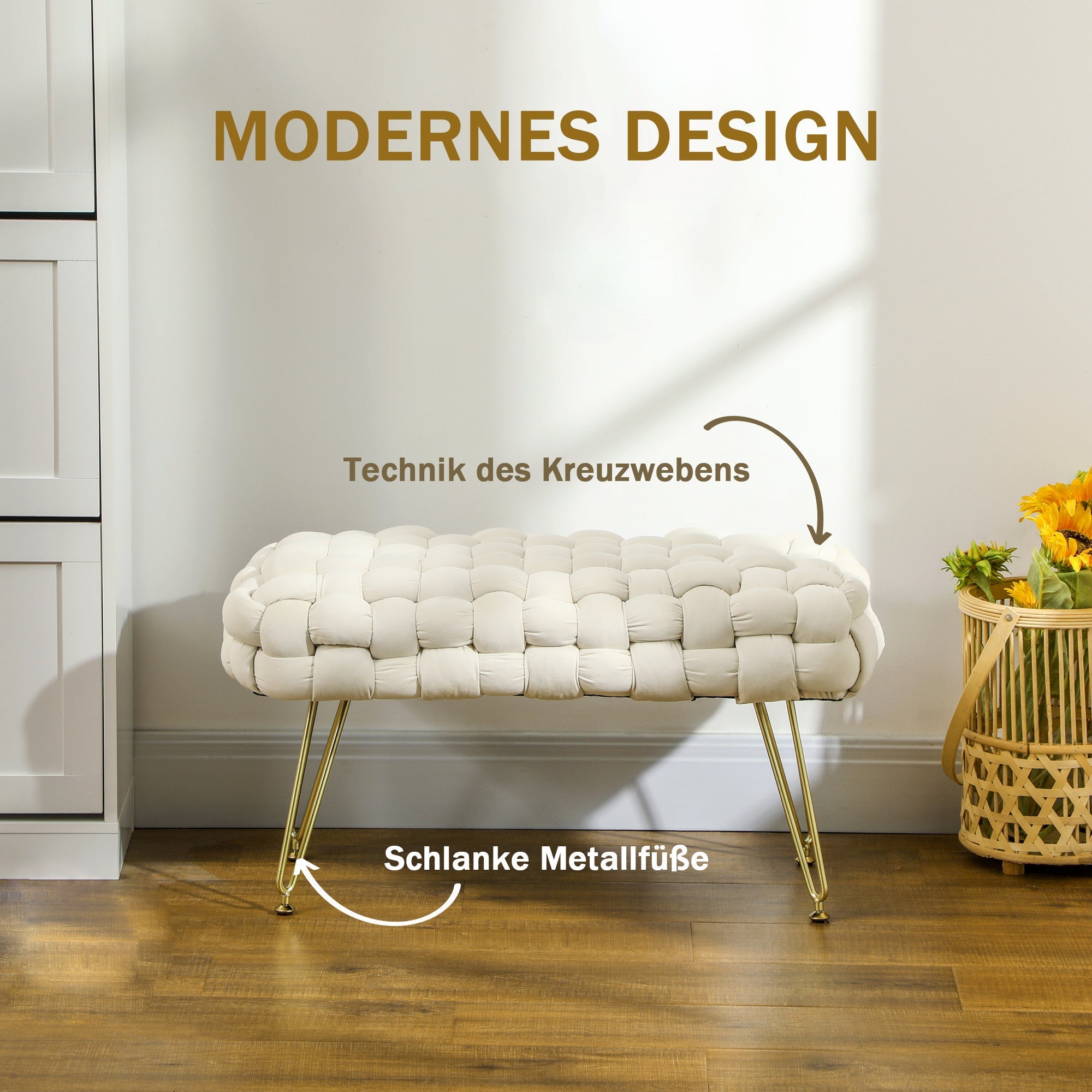 Fußhocker mit gepolsterter Sitzfläche, Metallbeinen, cremeweißer Samt