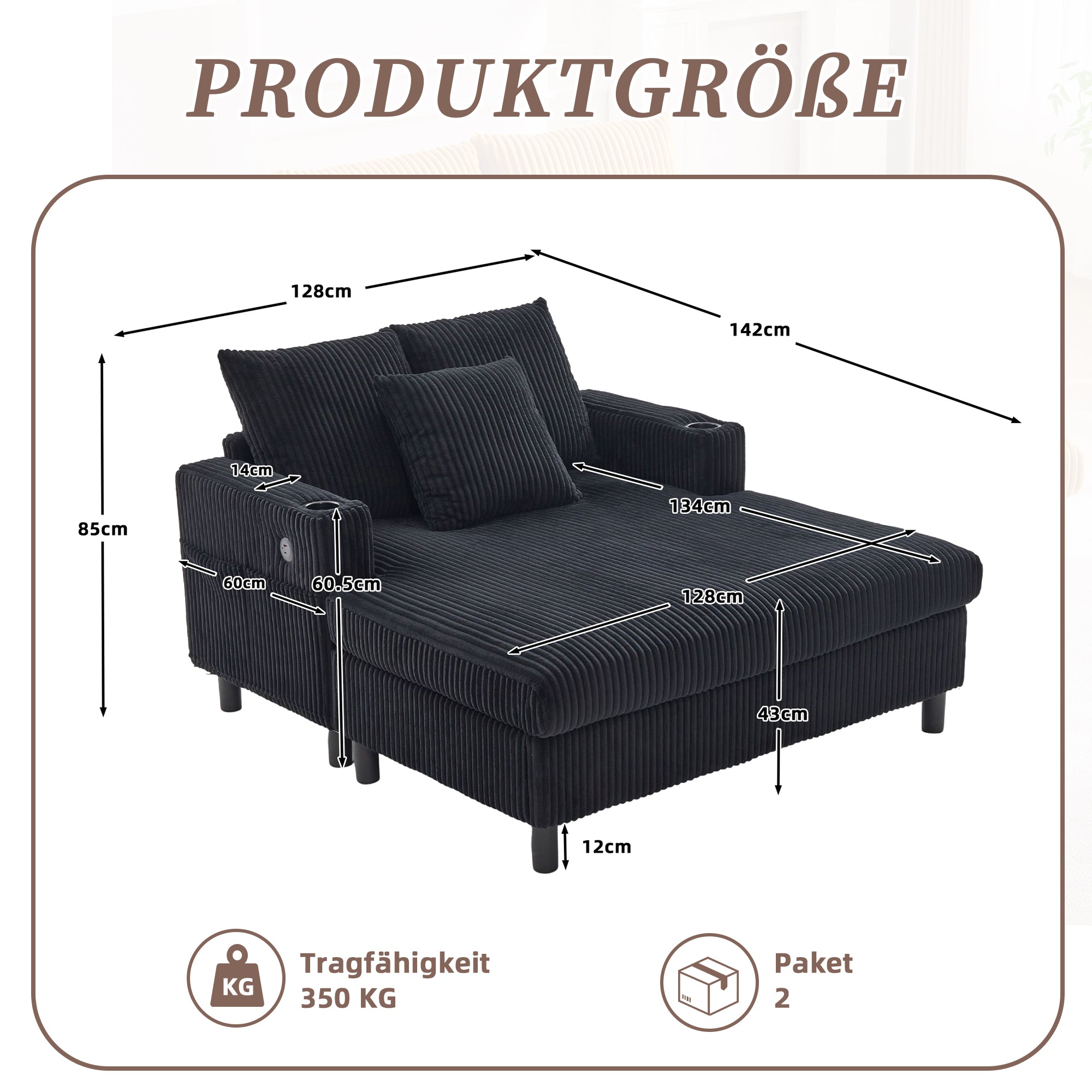 Chaise Longue Recliner, Soft with Cup Holders, USB Ports & LED Lighting
