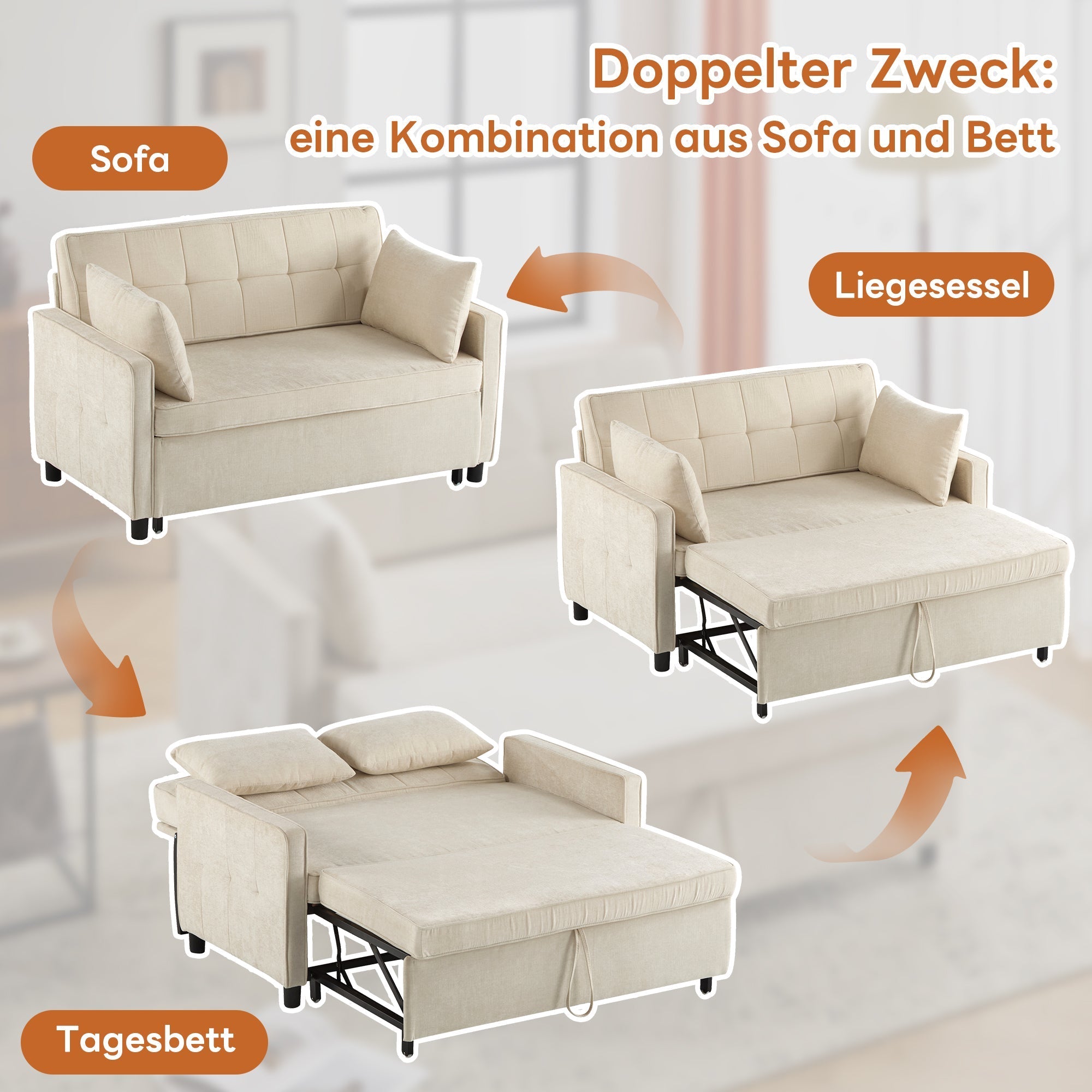 Sofa Bed Two-Seater Double Sleeper Adjustable Backrest Chenille Fabric