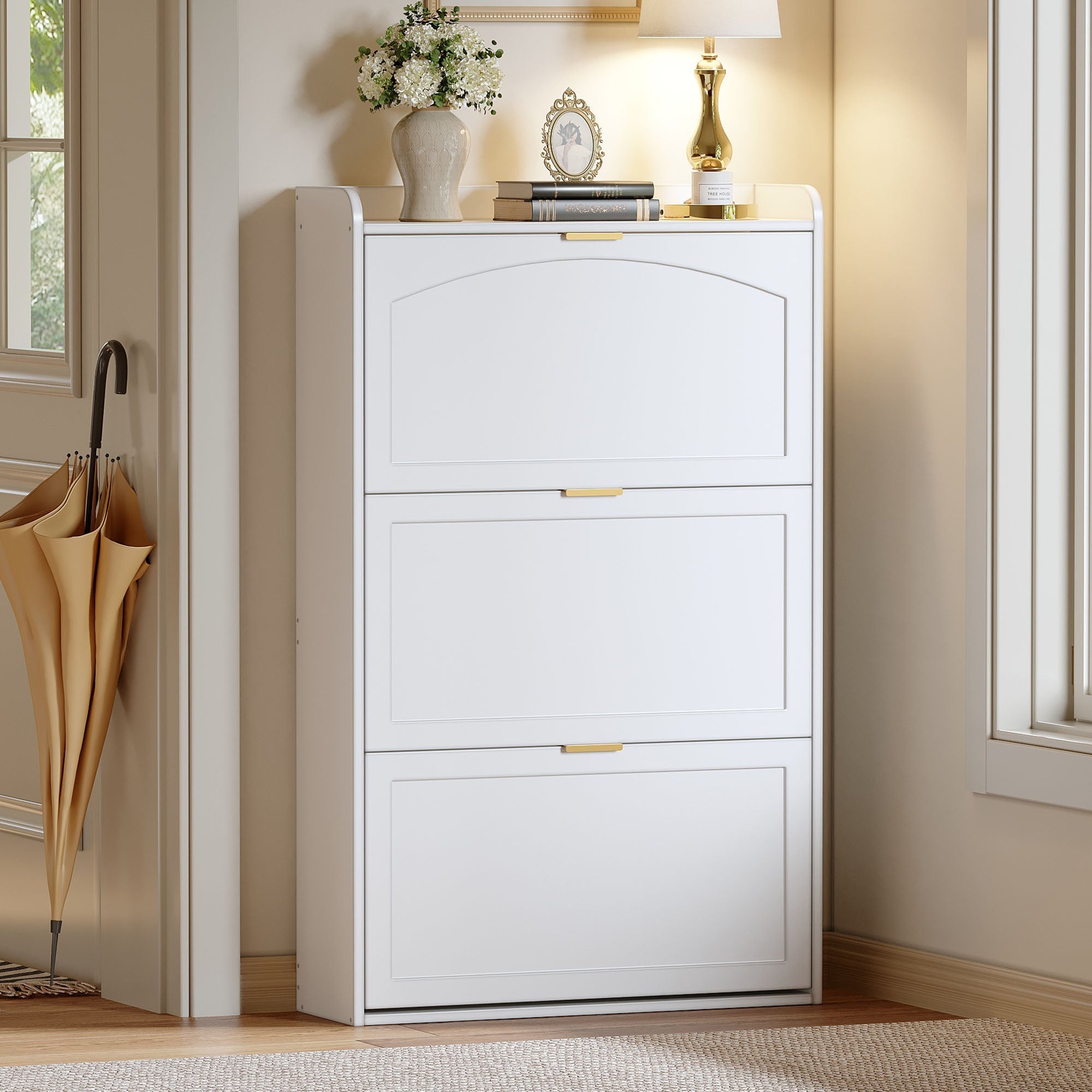 Narrow Shoe Cabinet 3 Flaps 76x23x118cm - White
